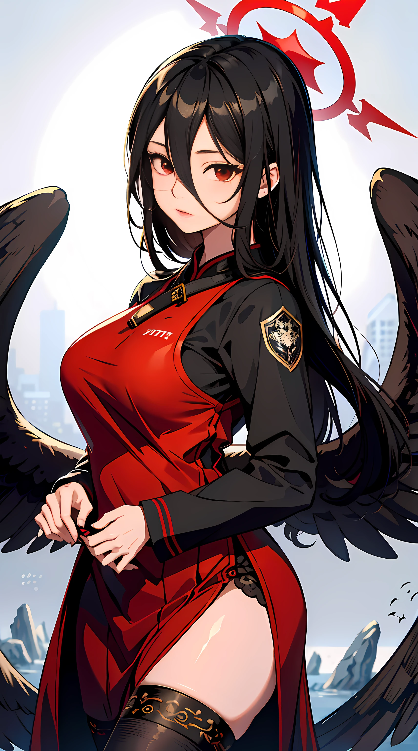 absurd res, high res, (masterpiece:1.4), ultra-detailed, 1girl, from above, space, floating, Chinese dress, red dress, stockings, black hair, red eyes, wings, hair between eyes