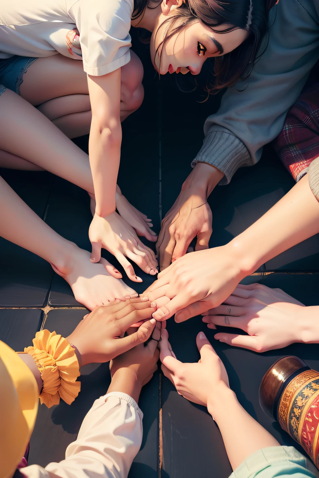 Humility Lesson: An image that depicts the central message of the story: um grupo diversificado de pessoas trabalhando juntas, with a spirit of humility and cooperation.