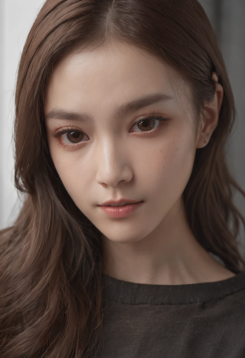 top-quality、masterpiece、超A high resolution、(Photorealsitic:1.5)、Raw foto、1girl in、tshirts、murky、deep-shadows、darkened room、cold light、Brown straight、Middle hair
