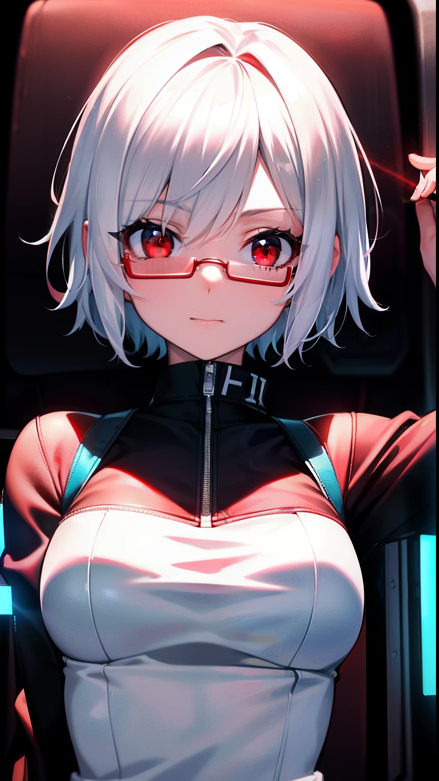 masterpiece , a girl, in a nuclear reactor, ( lite white short hair:1.2), (red eyes:1.2), (looks at the viewer:1.2) , (8k, best quality 1.2), ultra-detailed, 8k uhd, soft lighting, high quality, film grain, beautiful lighting, cinematic ,perfect body , best illumination, best shadow, sharpness, contrast, red glasses, absurdres high detailed face, figther aircraft pilot