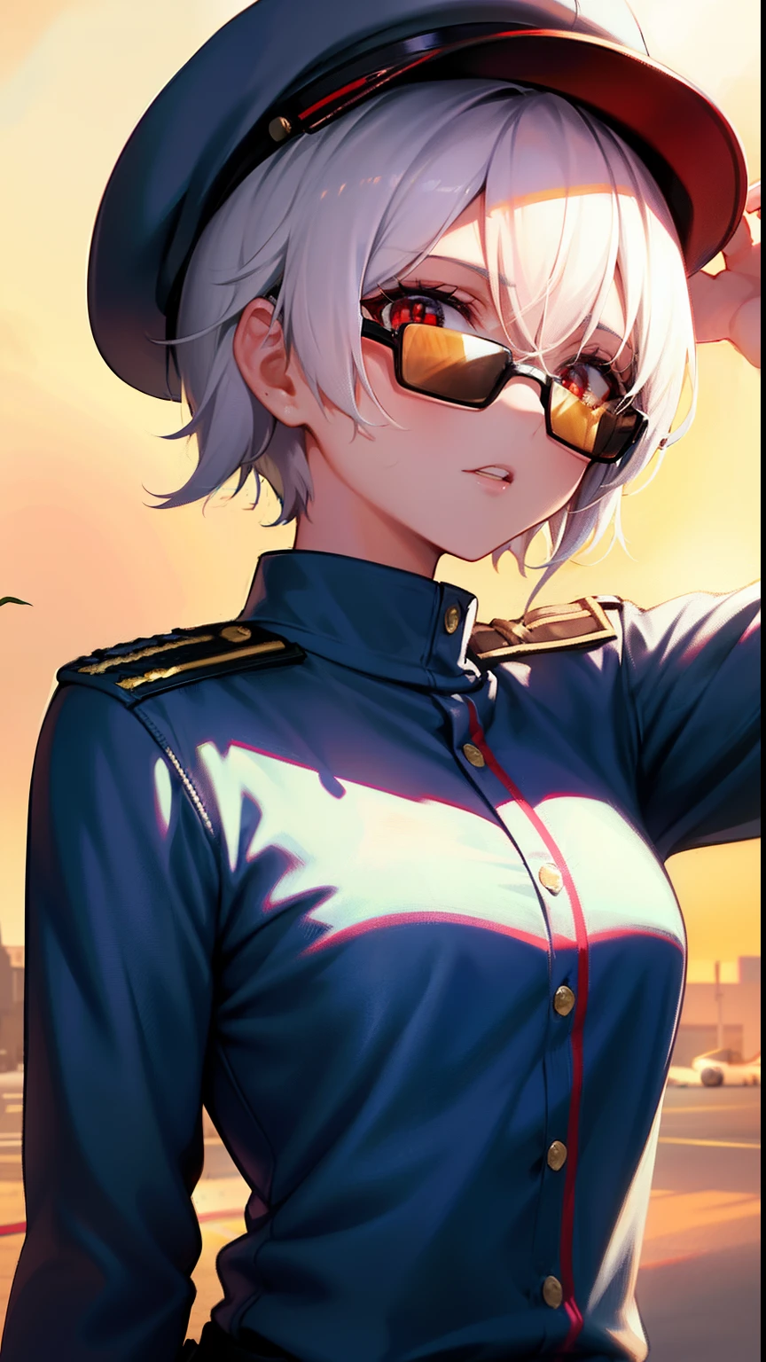 masterpiece , a girl, in airfield, ( lite white short hair:1.2), (red eyes:1.2), (Millitary pilot uniform:1.2), (looks at the viewer:1.2) , (8k, best quality 1.2), ultra-detailed, 8k uhd, soft lighting, high quality, film grain, beautiful lighting, cinematic ,perfect body , best illumination, best shadow, sharpness, contrast, red glasses, absurdres high detailed face, pilot hats, salute