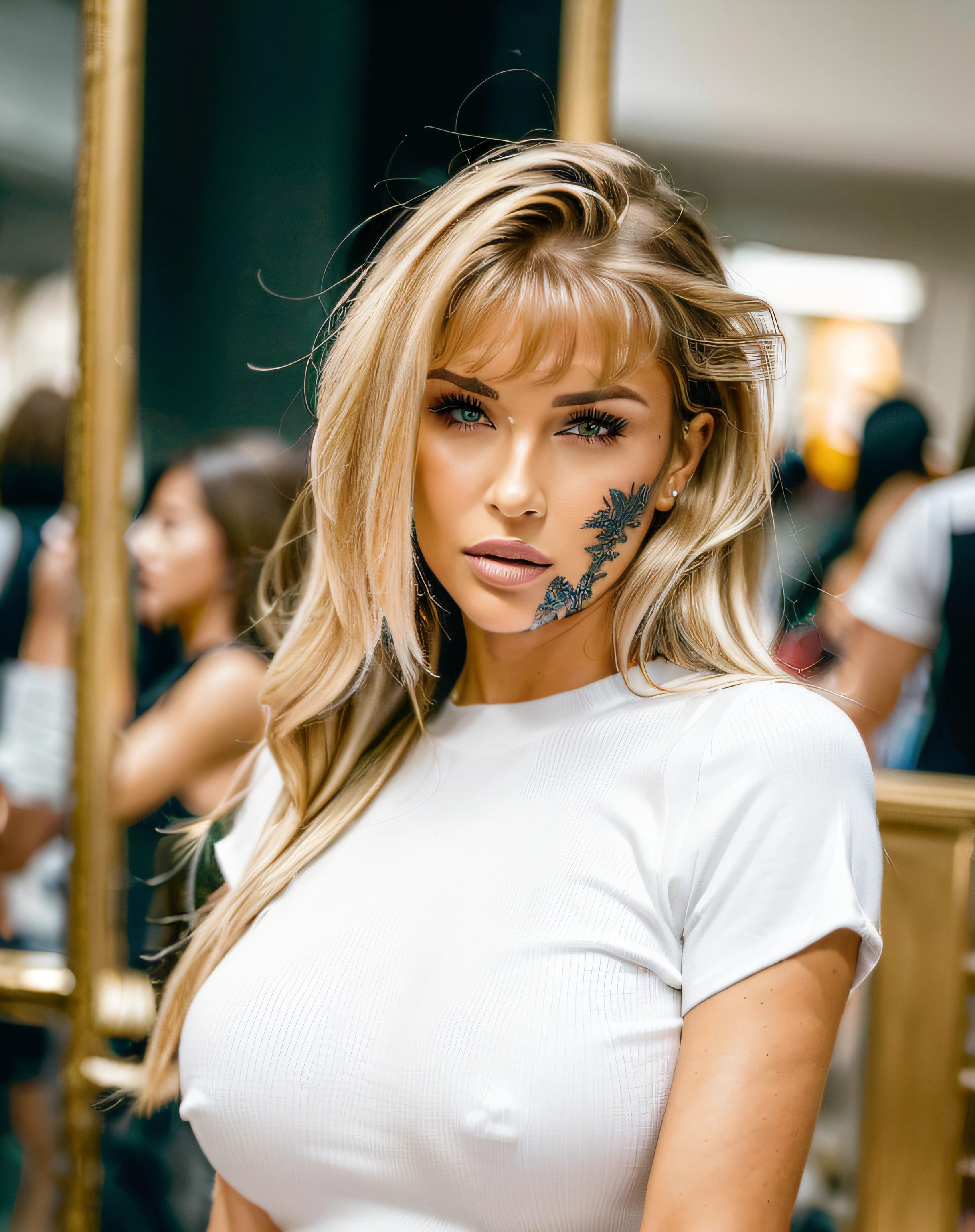 (Mikayla Demaiter) Person, posing in a clothing store in a shopping mall, best quality, 1girls, Hintergrund verwischen, bokeh, (Einkaufszentrum:1.4), ((Wearing a white shirt)), splendid, , beautiful detailed sky, (Dynamische Pose:1), Sanftes Licht, Wind, ((portrait:1.4)),