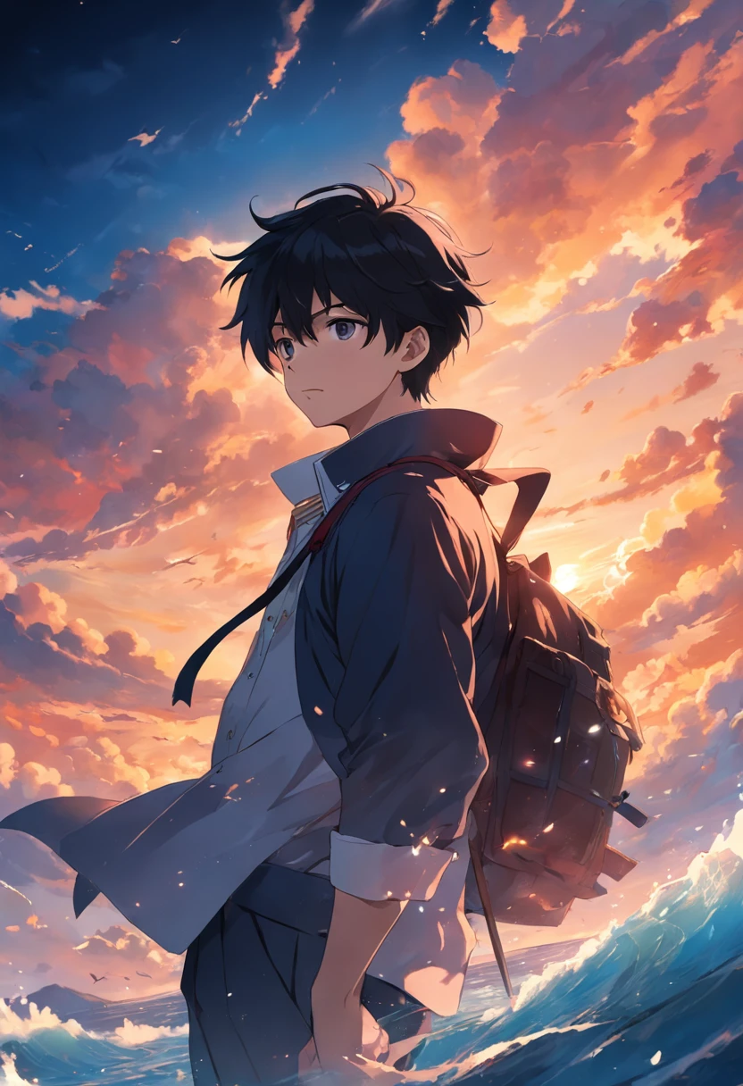 A man standing in the ocean with a backpack on his back - SeaArt AI