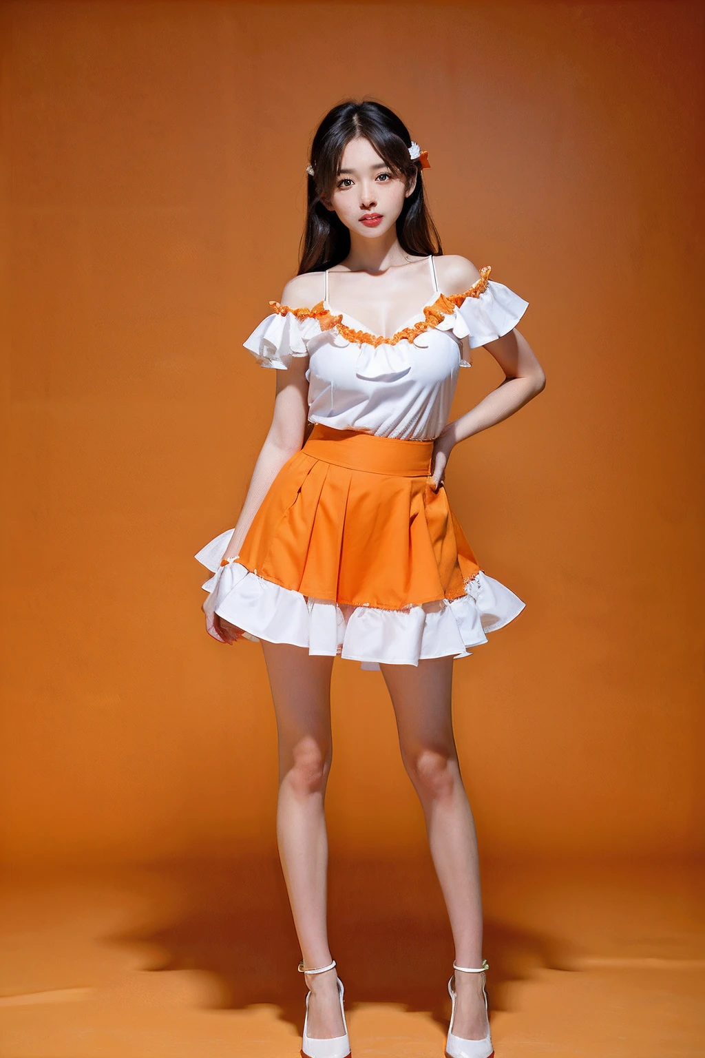 1girll,A full body girl,Large breasts,Summer dress,Brown eyes,Flip the hair,(Long legs:1.2),Pout,red waistband,Huang Songmo,Orange with white Echespo skirt,frilled legwear,Spikes,
