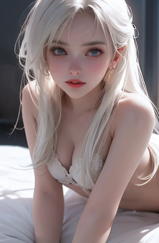 White tones,white colors,Sexy girl nipples,from the rear,Turn your face away from the camera,butt to camera,Tummy down,bent down,With a petite figure,tiny body,slimfigure,slim,teens girl,Petite,whaite hair,White hair,Hair covers the chest,White bed,big breasts enchanting,seductiv,Open legs,Look up at your head,transparent silk pajamas ,thick long hair,Empty space,Pure white space,Highly detailed body,Highly detailed face,best qualtiy