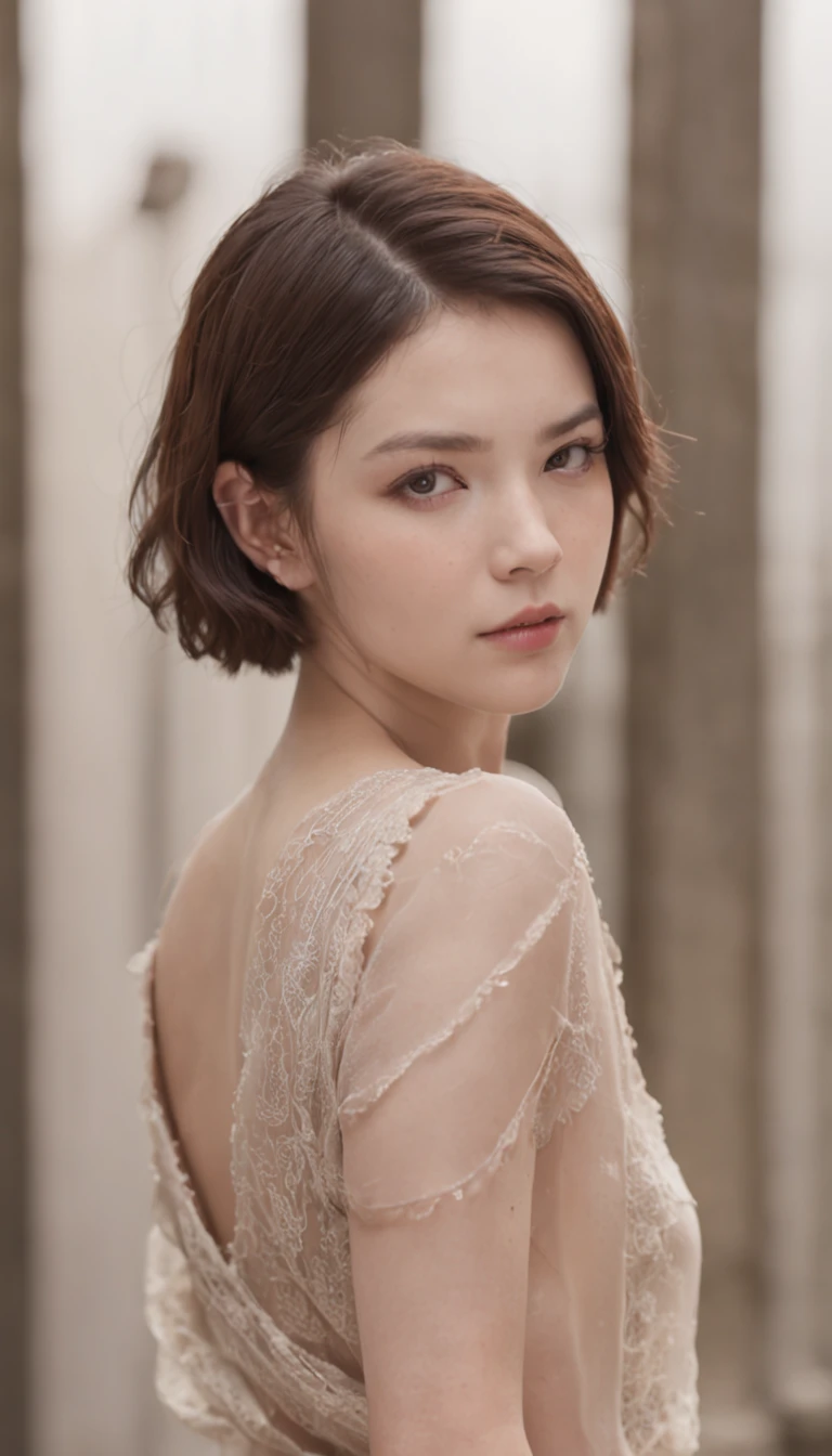 Realistic whole body "(((huge tit)))) Like Odette Juliet Annable , Beautiful fece, paler, Thin thickness, Small waist, (naked boobs), femele, Female 20 years old, angry looking face、Small eyes、Short hairstyle、Little fat woman、20yr old、A dark-haired、hide the chest with your hands、nakeness、Hair illuminated by the sun、hitornfreckles、tiny chest、Round butt、buttocks sticking out of underwear
