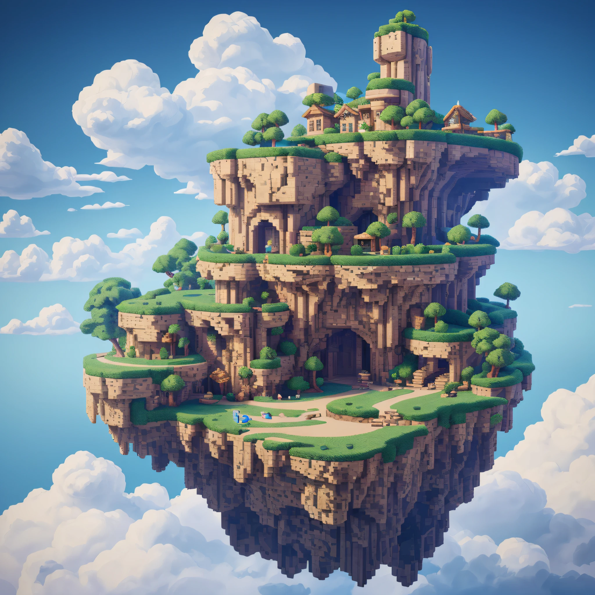 Pixel game，Design of game locations，Pixel Game Location，Pixel Forest，Rare clouds，16-bit pixel art, 3D render, Octane Render, axonometry, Good Dragon