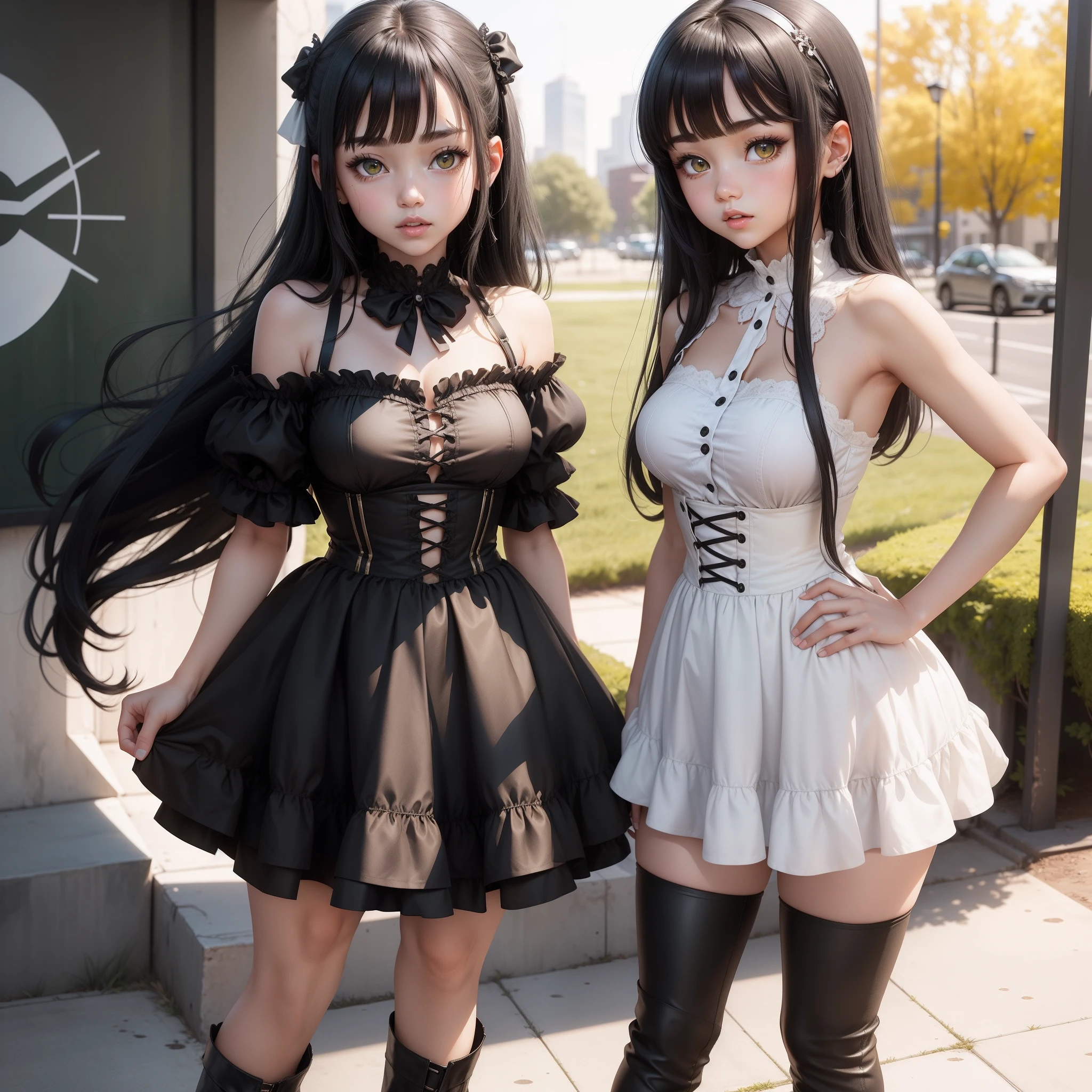 2 girls, first girl has long black hair, big green eyes, yellow sun dress reaching her thighs, she's wearing knee high brown boots, medium size breasts, cute face second girl has short black hair, she has 1 green eye and 1 red eye, shes wearing a white dress with a corset, her white dress is short, shes wearing dark thigh high leggings  and small black boots, shes has a cute face, small nose, small lips, big eyes, anime, manga, medium size breasts, nude, hentai, NSFW, boobs, tits, ass, pussy, butt