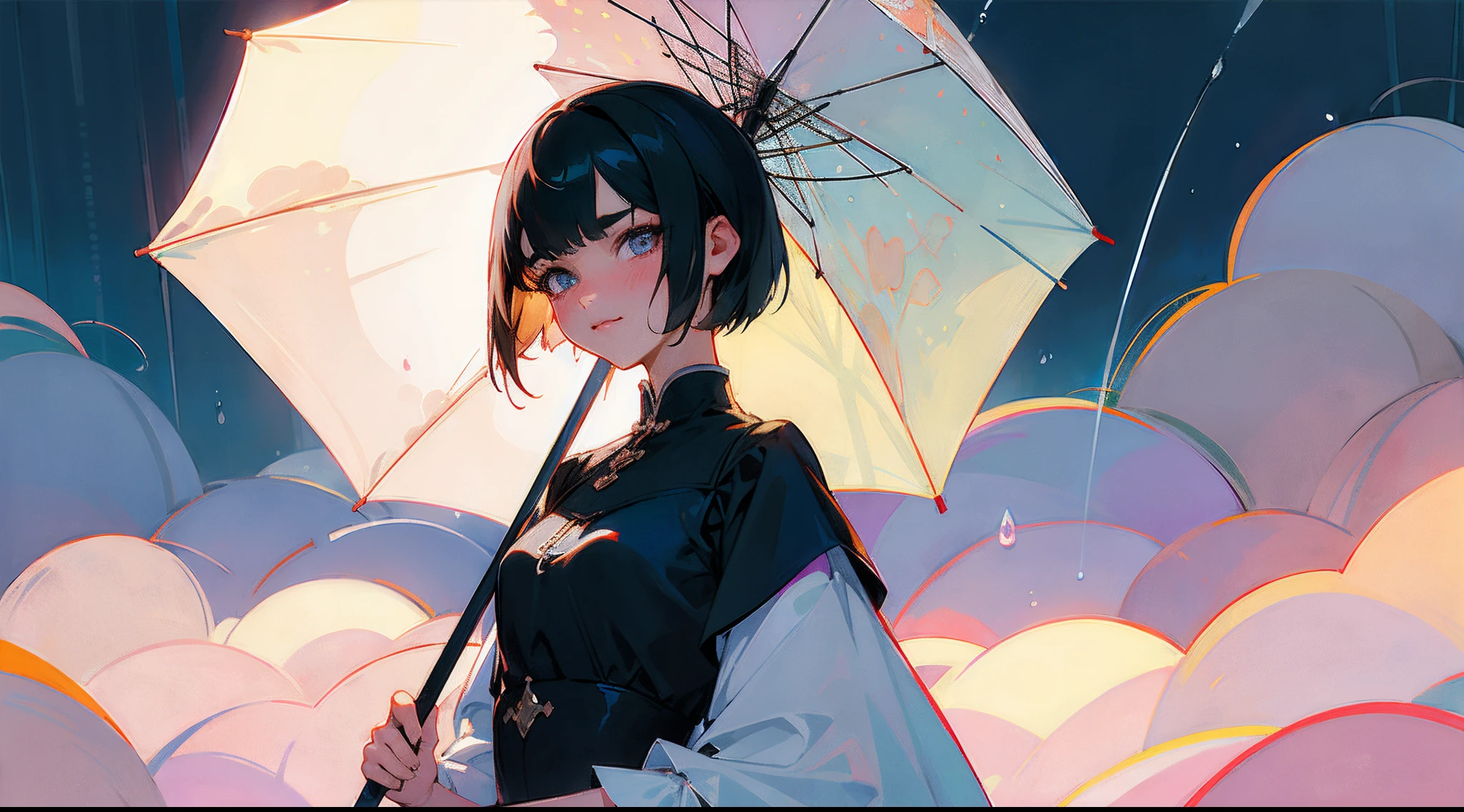 Original Characters、full body Esbian、standingn、Volume Lighting、Best Shadows、Shallow depth of field、Portrait of an amazingly beautiful girl、Delicate beautiful attractive face with petite and seductive eyes、Woman holding umbrella in rain、Sateen、cloudiness、Sharp Eyebrows、Black Hair Shortcut Hair、Blush Eyeshadow、Shining eyes、Dark eyelashes、Slim waist、(top-quality、Superb Detail:1.25)、(独奏:1.3)、Brilliant Colorful Paintings