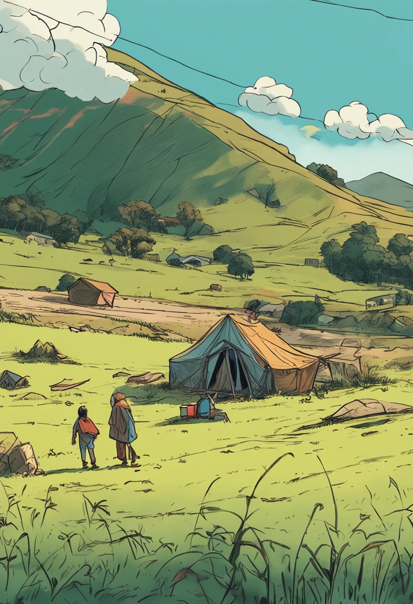 On a flat field;Hillside in the background;There are tents;brightly;Vertical composition;in a panoramic view;Natural soft light,;in style of hayao miyazaki;high detal;4K