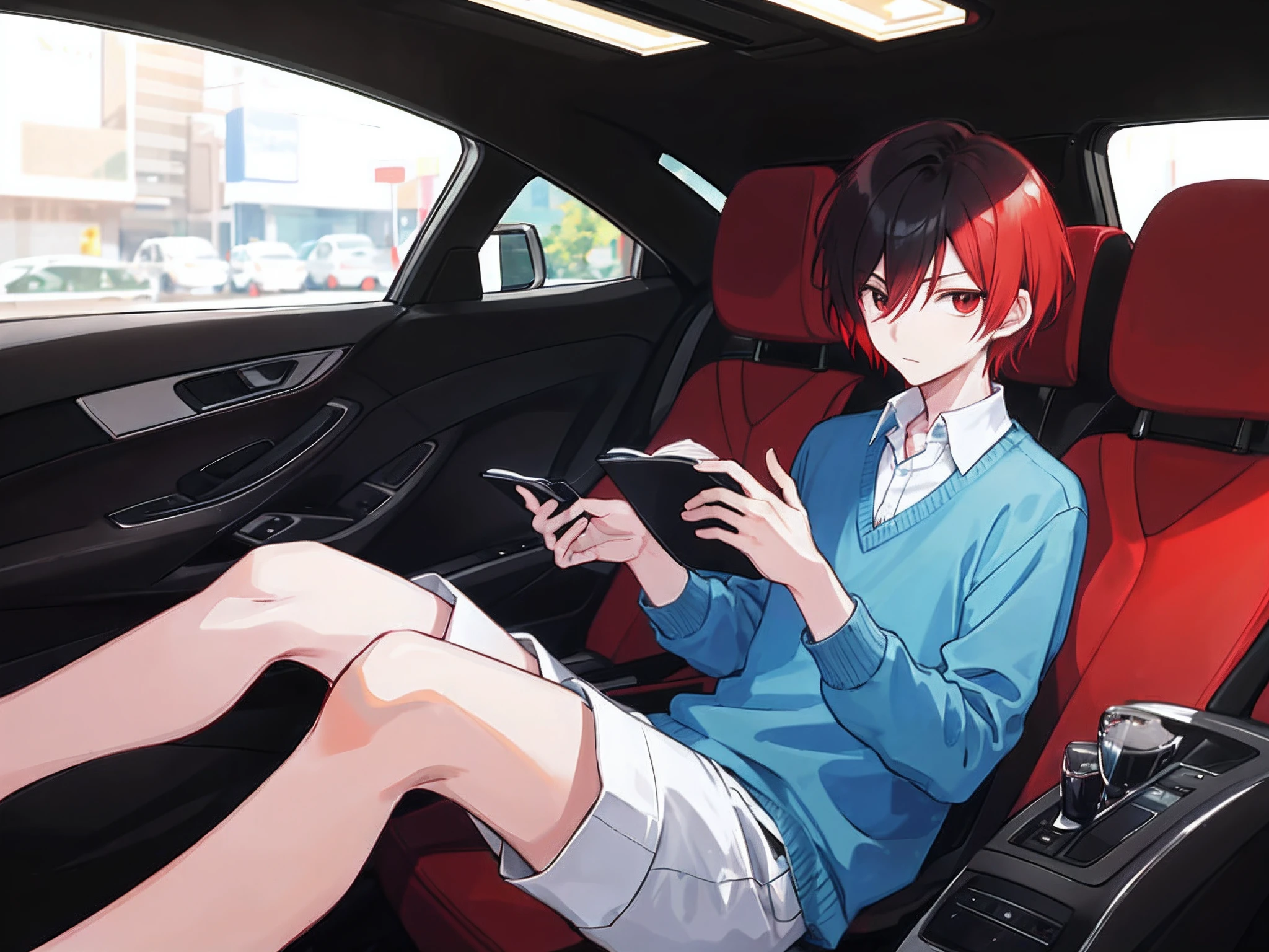 A boy with short red hair sits in a luxury car，The expression was a little nervous and shy，Next to him sat a cold, black-haired man