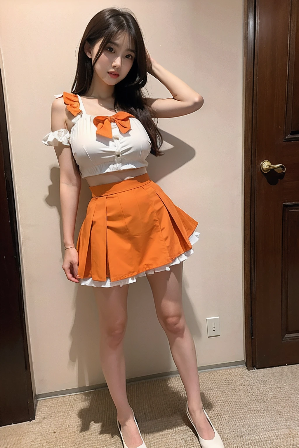 1girll,A full body girl,Large breasts,Summer dress,Brown eyes,Flip the hair,(Long legs:1.2),Pout,red waistband,Huang Songmo,Orange with white Echespo skirt,frilled legwear,Spikes,