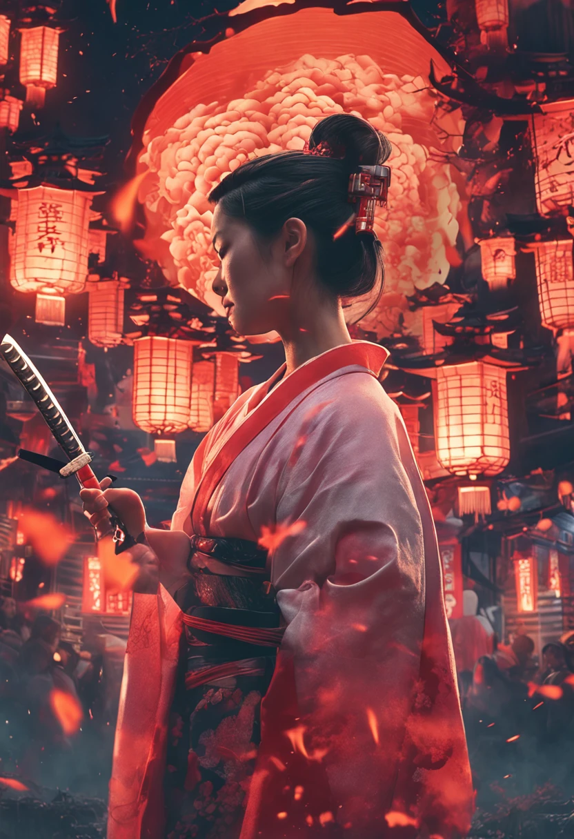 The background is a temple in the Japan that is in flames.、midnight、red hairs、Woman in white kimono holding Japan sword、Women are also burning