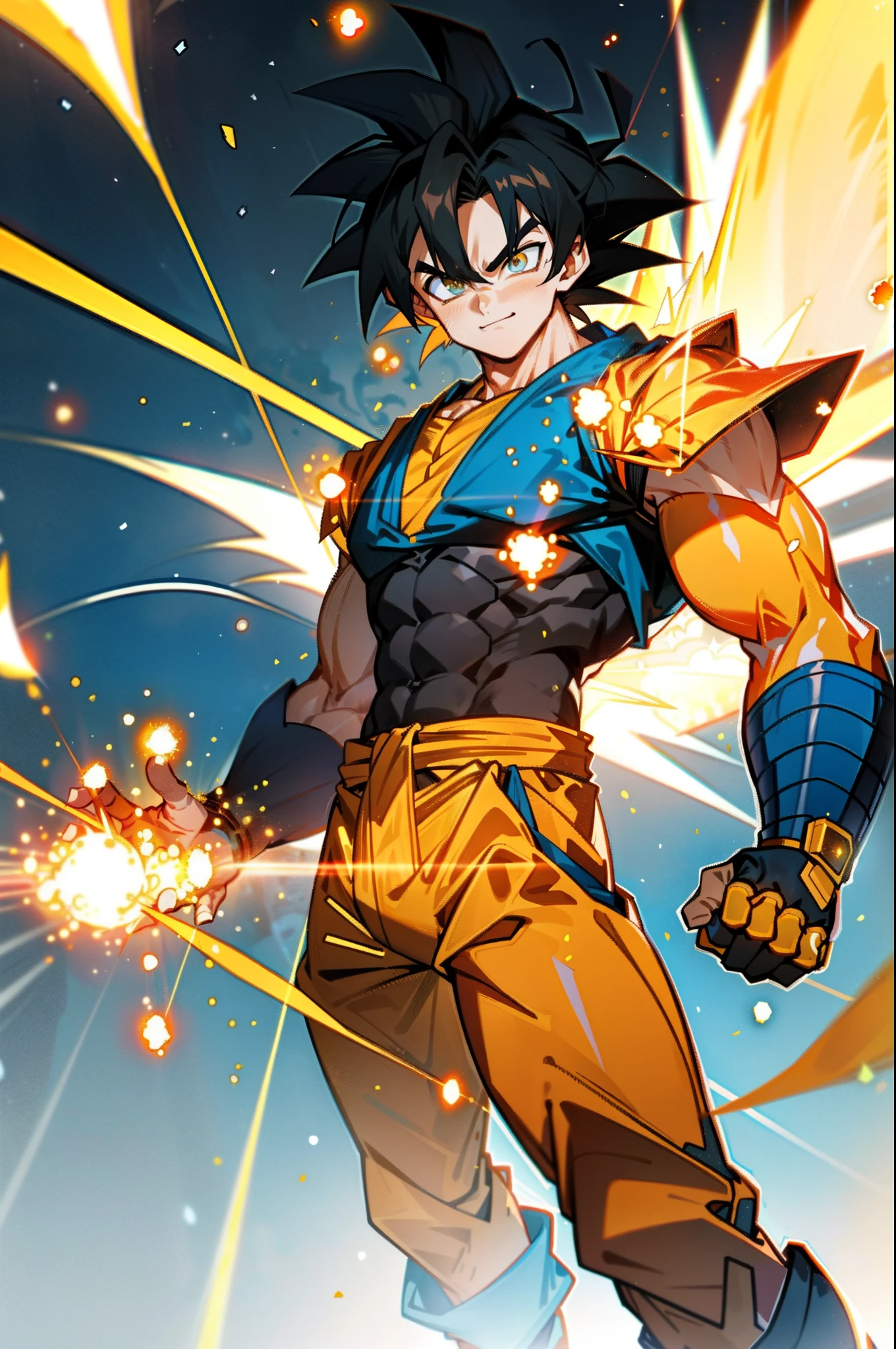 masterpiece, best quality, 1boy, goku, super saiyan goku, ssj goku,training, smiling, angry face, looking to viewer, standing, blonde hair, orange upper, mechanical arms, orange pants, body suit, science fiction, blue belt, blue bangles, dark blue boots,
, (aura power:1.4), boots, night, natural light,standing, yellow rays, angry eyes, blue eyes, smiling, black hair, male focus, strong muscles, movie composition, deth of field, bokeh,  (yellow particles:1.4), floating particles,