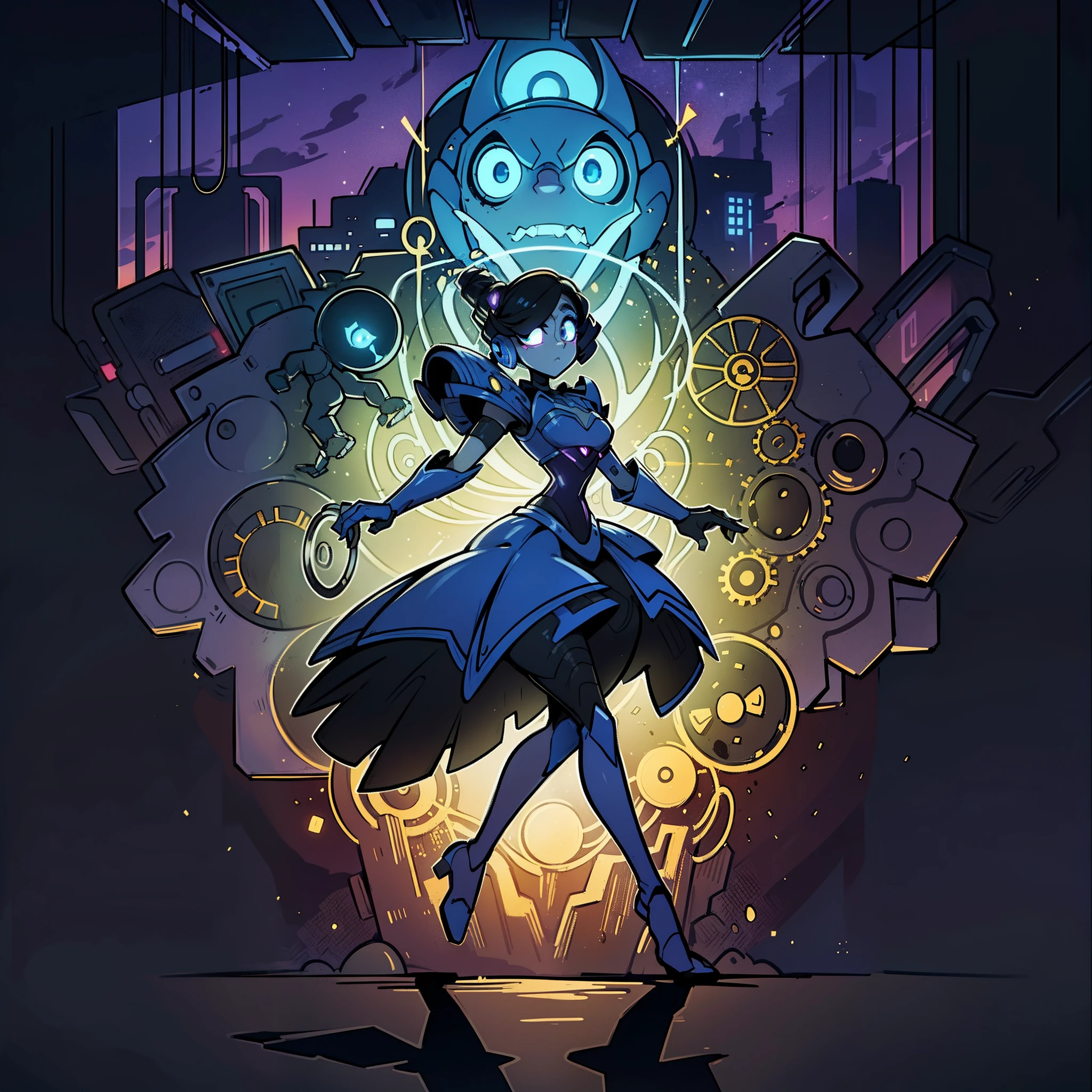 ((masterpiece)), best quality, A vintage, playful vectorized design of a (Dancing with Shadows at Twilight), (Synthetic Memories: Unraveling Tomorrow's Past) (Beneath armor's embrace, I'm a sentinel strong, A symphony of cogs, where I truly belong. What mechanical harmony am I part of?)