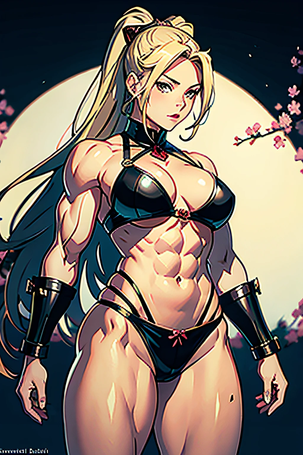 Avril Lavigne as samurai, feminine, musclebound, enormous ripped muscles, cute young face, big j-cup breasts, big round thick glutes, undone hair, tiny waist, 8pack abs, full-length photo