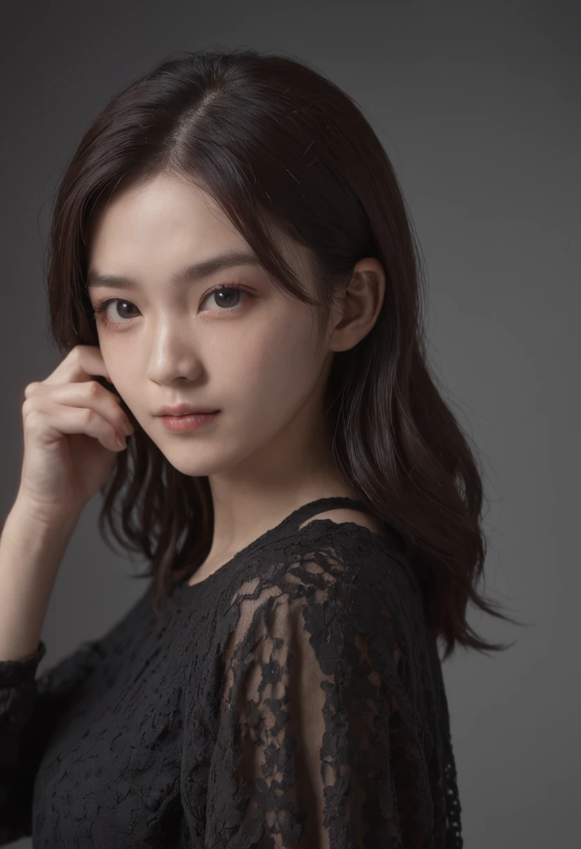 top-quality、masterpiece、超A high resolution、(Photorealsitic:1.5)、Raw foto、1girl in、tshirts、murky、deep-shadows、darkened room、cold light、Black Straight、short-hair、A slight smil