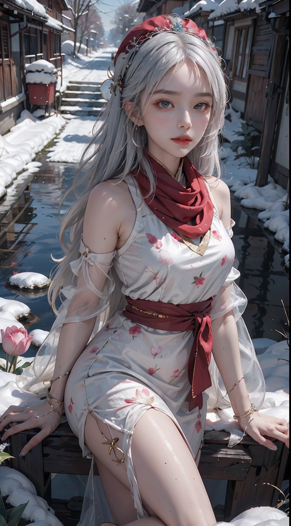 32K(tmasterpiece,k hd,hyper HD,32K)Long flowing black hair,ponds,zydink, a color, Xuzhou people (Seduce girls), (Red scarf in the snow), Combat posture, looking at the ground, long hair, white hair, Carp pattern headdress, Chinese long-sleeved silver cheongsam, (Abstract gouache splash:1.2), Pink petal background,Tulips flying(realisticlying:1.4),white color hair,Fallen leaves flutter,The background is pure, A high resolution, the detail, RAW photogr, Sharp Re, Nikon D850 Film Stock Photo by Jefferies Lee 4 Kodak Portra 400 Camera F1.6 shots, Rich colors, ultra-realistic vivid textures, Dramatic lighting, Unreal Engine Art Station Trend, cinestir 800,Long flowing white hair,see-through transparent clothes
