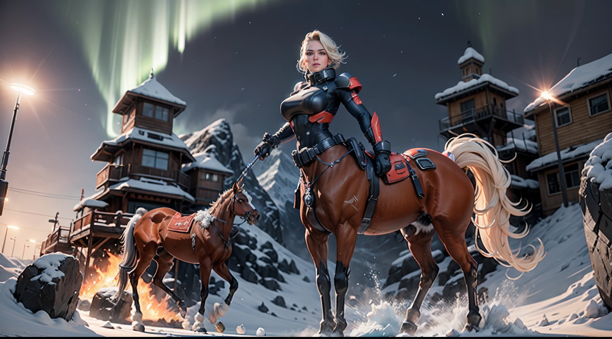 In a very grand scene,The extra-large wide-angle lens captures the appearance of a female centaur。She is tall,It has the ultimate curvy beauty,The muscles are slender and firm,Beautiful lines。Her facial features are tough and coquettish,Always with a sunny smile。She wears special tight-fitting equipment with a strong sense of technology,Step on multifunctional off-road style heels,Delicate and practical protective gear is worn on the hands, feet, wrists, neck and shoulders。The detection equipment around you flashes various cue lights and neon-like information screens,Let her exude a charming brilliance。Use Midjourney's advanced tools,Design special tight-fitting equipment for female centaurs,Highlight her unique physiological characteristics and appearance details,Add realism。And in her adventure scene,Spectacular views of nature,Such as the sky where storms and sunny days alternate、Brilliant rivers of stars and auroras、The snow-capped summit of Mount Everest、Fireworks in the mountain town, etc。ao mesmo tempo,Away from the hustle and bustle of Long Beach Pier is a neon-lit spaceship docked,Create a fantastic scene。Use Midjourney's advanced tools and multiple color palettes、Brush Strokes、Texture tools and model packages,It shows a sense of atmosphere where beauty and charm coexist。The charm of the female centaur is highlighted through color and lines,Enhance realism with detailing,Create a surreal dreamy feeling。Additionally,Use Midjourney's tools to add a variety of extreme sports gear and cultural trinkets to the female centaur,Create intricate hairstyles and outfits,Give her a sense of premium。She never flinches,Regardless of the terrain,can respond quickly,Even the extreme geography and dangerous terrain of aliens cannot stop her。Use Midjourney's powerful tools,You can do it with incredible detail and beauty,Bring this ultra-grand and beautiful scene to life。Ultra-grand scenes,super wide shot, hdr,(真实感,Masterpiece quality,best qualtiy),