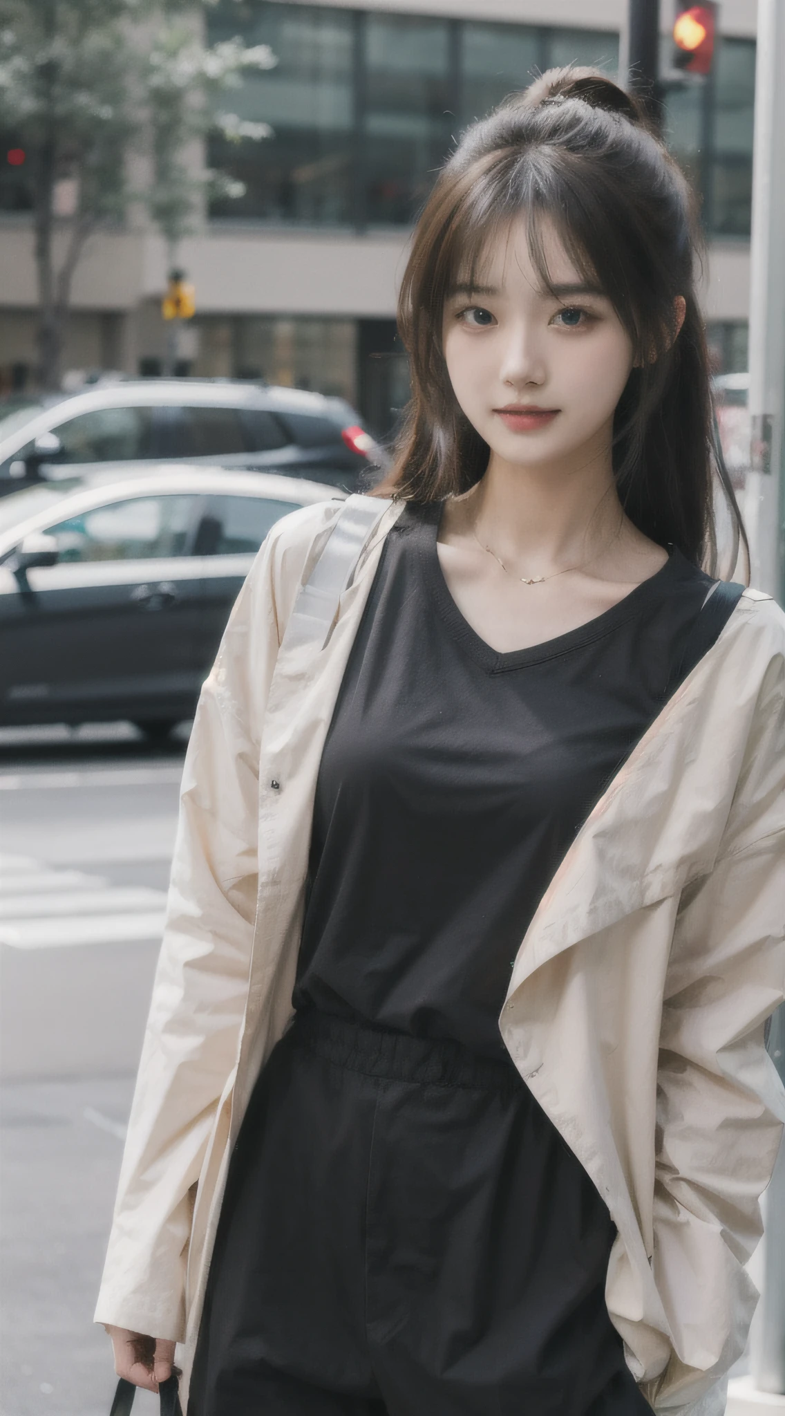 Alafi woman wearing black and white jacket and black shorts on the street, korean women's fashion model, with short hair, dressed with long fluent clothes, in city street, casual clothing style, Choi Hyun-hwa, Gorgeous young Korean woman, model is wearing techtical vest, generous cleavage open jacket, cropped shirt with jacket, Shin Jinying, modern casual clothing,No lipstick