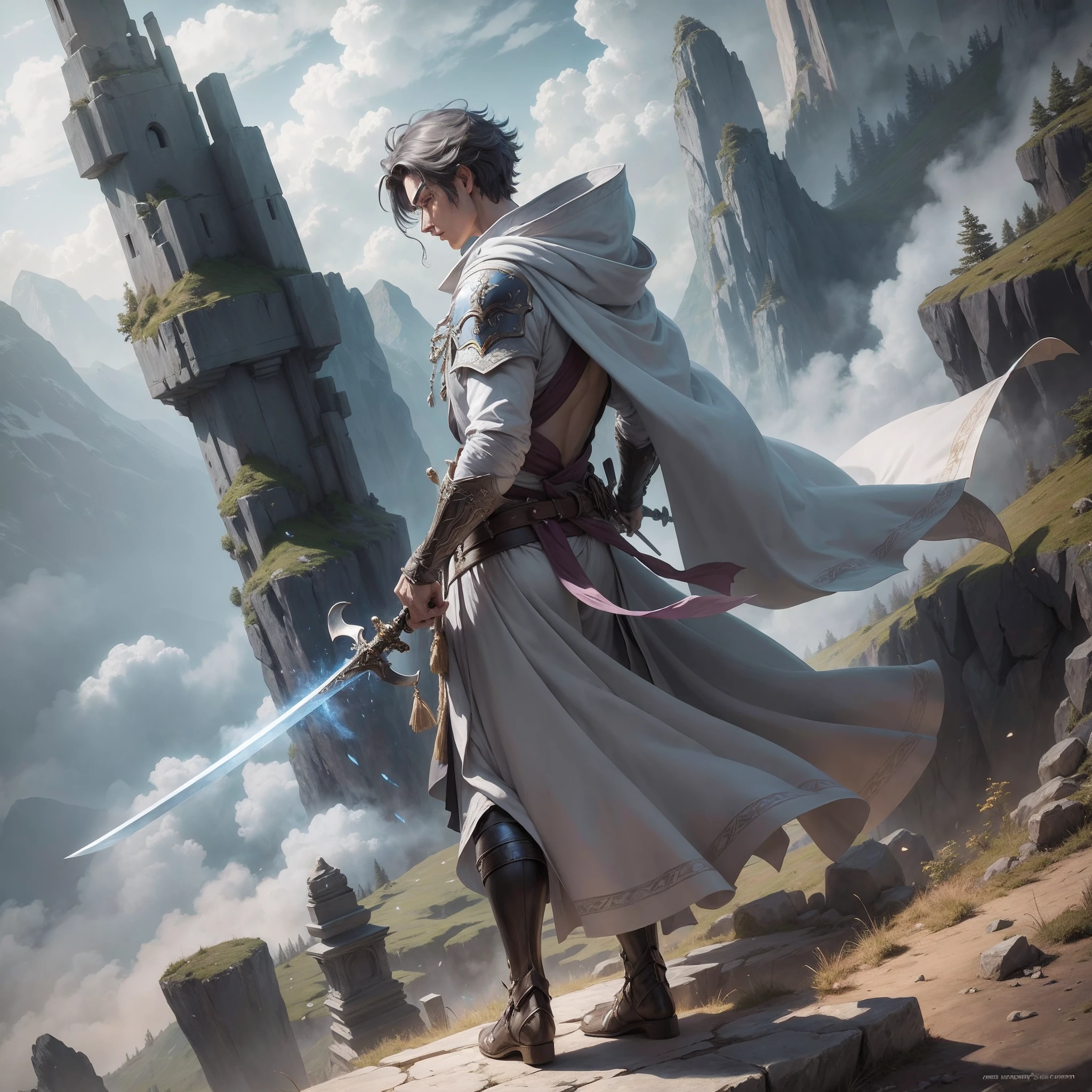 In the mountains, a cloaked male sword fairy flying in the sky with flying swords, overlooking the earth, seems to be looking for something, classical fairy, male, wingless, oriental male, gray robe, holding a sword in both hands, robe covering the entire body, long hair