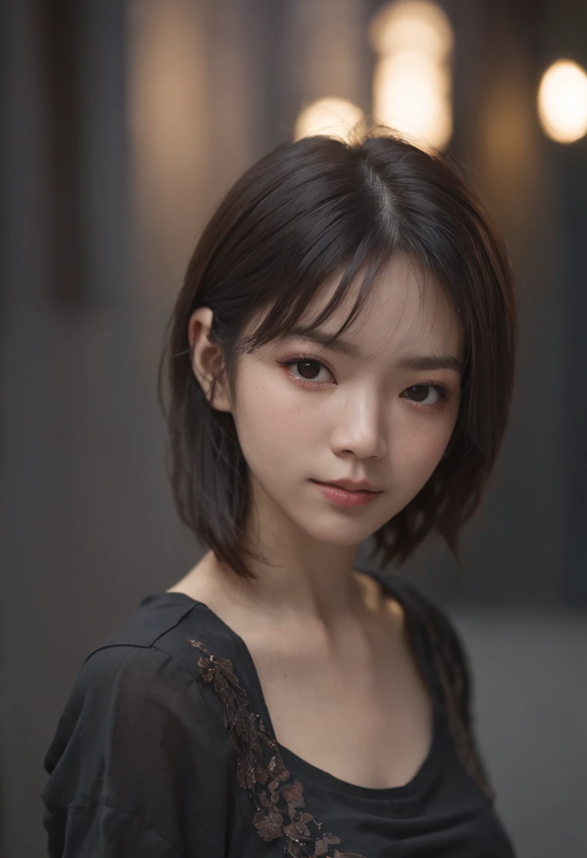 top-quality、​masterpiece、超A high resolution、(Photorealsitic:1.5)、Raw foto、1girl in、tshirts、murky、deep-shadows、darkened room、cold light、Black Straight、short-hair、A slight smil、japanes