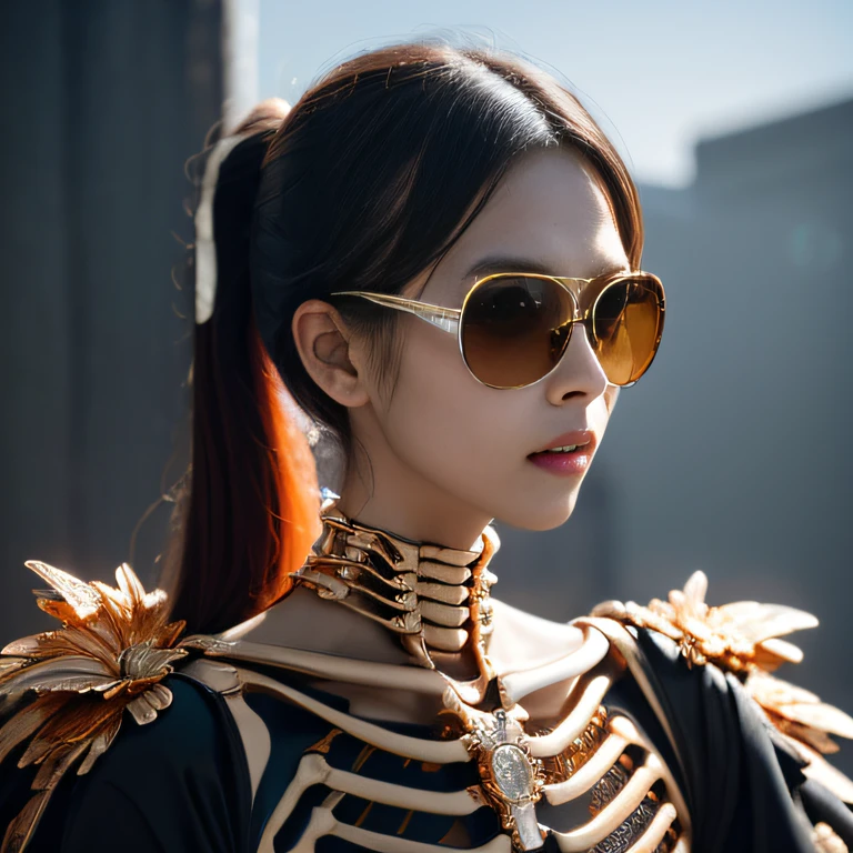Wear thick gold-framed sunglasses，32K（tmasterpiece，k hd，hyper HD，32K）Bright orange double ponytail hair，Silver Skull Abandoned Area of the Pond，Indigo Skull King ，Hold the big G steering wheel （The skeleton is realistic：1.4），Skull pattern robe，Silver skull flower ornaments，Petals flutter，Colored ball head，Hold your head high，Be proud，The nostrils look at people， A high resolution， the detail， RAW photogr， Sharp Re， Nikon D850 Film Stock Photo by Jefferies Lee 4 Kodak Portra 400 Camera F1.6 shots, Rich colors, ultra-realistic vivid textures, Dramatic lighting, Unreal Engine Art Station Trend, cinestir 800，Hold your head high，Be proud，The nostrils look at people，Tsundere，Petals flutter，Petals flutter，Sprinkle with gold dust，Fluttering，Impeccable，( reasonable design, Clear lines, High sharpness,Best quality, Very detailed skeleton, The skeleton of a masterpiece, offcial art, movie light effect, 4K skeleton（（（Wear thick gold-framed sunglasses）））Bright orange double ponytail hair