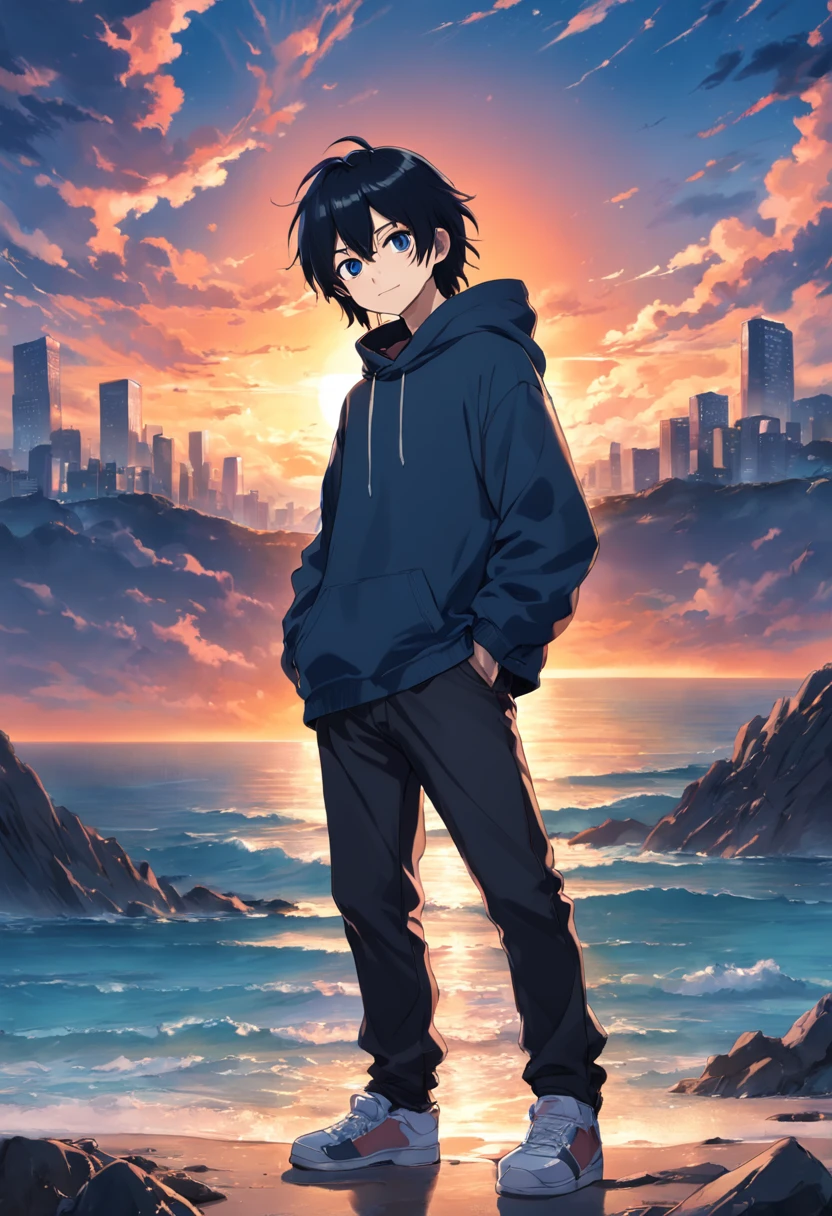 1 male、eyes gentle、a smile、a little long black hair、Black hoodie、Blue jeans、sunset in the background、云、floating in sky、high-level image quality、Movie stills