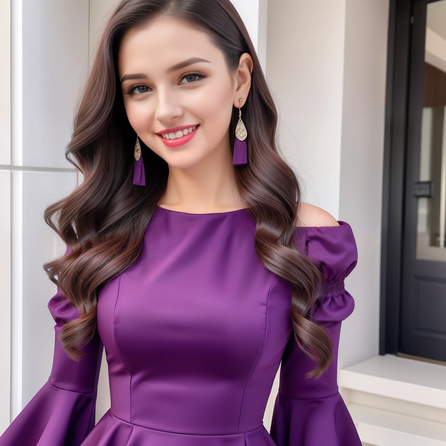 passport DP of a a cute young beautiful lady wearing a purple fit and flare dress square neck and puffed sleeve, red lips, long brunette hair , purple dangling earrings, smiling, looking very beautiful and a little sexy,