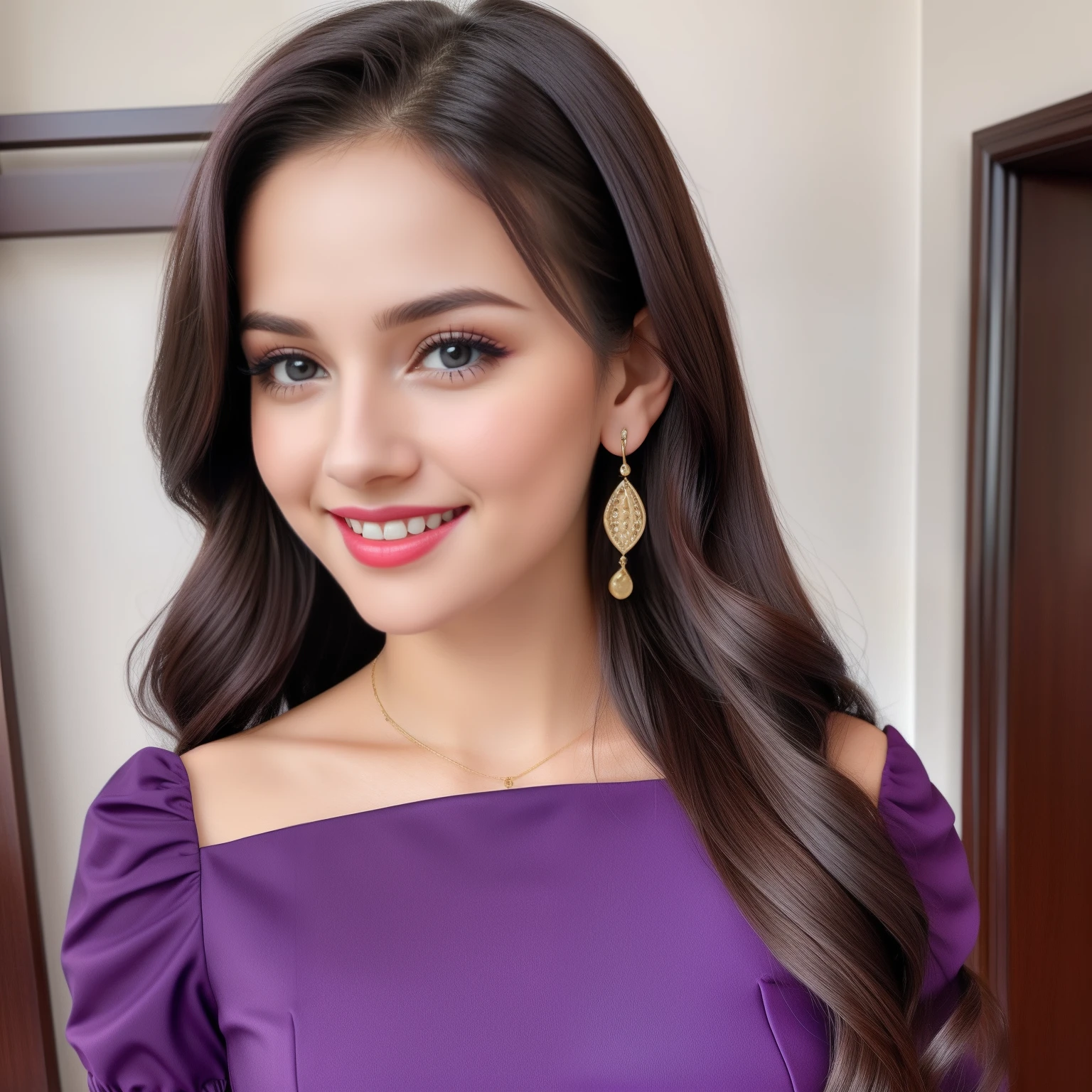 passport DP of a a cute young beautiful lady wearing a purple fit and flare dress square neck and puffed sleeve, red lips, long brunette hair , purple dangling earrings, smiling, looking very beautiful and a little sexy,