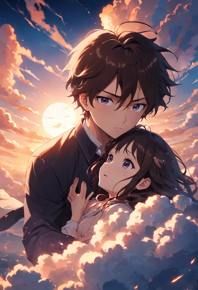 tmasterpiece、top-quality、cinematic Film still from、1 Adult male、brunette color hair、clouds、floating in sky、closeup cleavage、with light glowing、blissful、Warm and soft lighting、the setting sun、(Spark:0.7)