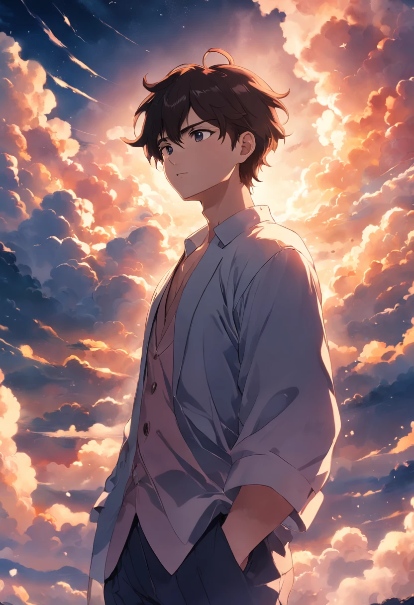 tmasterpiece、top-quality、cinematic Film still from、1 Adult male、brunette color hair、​​clouds、floating in sky、closeup cleavage、with light glowing、blissful、Warm and soft lighting、the setting sun、(Spark:0.7)