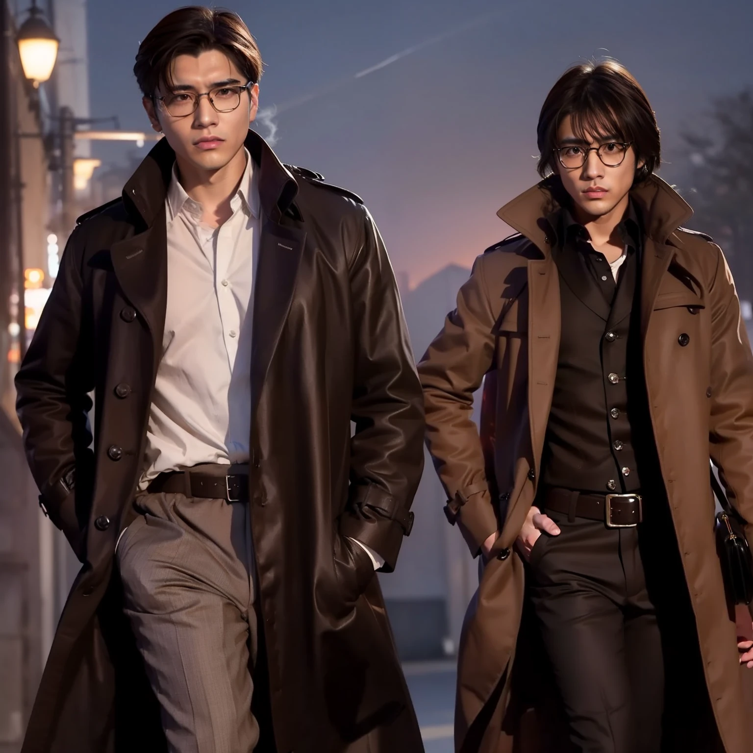anime girl in a trench coat smoking a cigarette, he is wearing a brown trenchcoat, ( ( wearing a brown long coat ) ), he is wearing a black trenchcoat, as an anime character, detective clothes, detective coat, glasses, black eyes, fair skin, anime character, kentaro miura manga art style