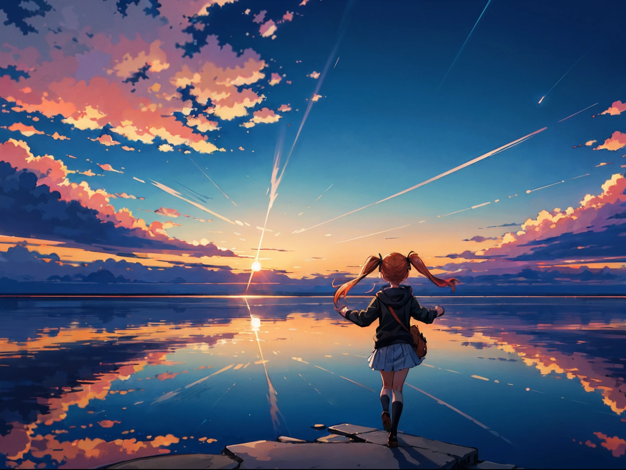 (anime sharp:1.2), Amidst the Uyuni Salt Flat, the orange-haired *************** with twin tails walks through the expansive expanse, enveloped by the hues of the twilight sky. The setting sun casts a warm glow, reflecting off the blue sky and summer clouds that stretch out in all directions, crafting a breathtakingly beautiful tableau.