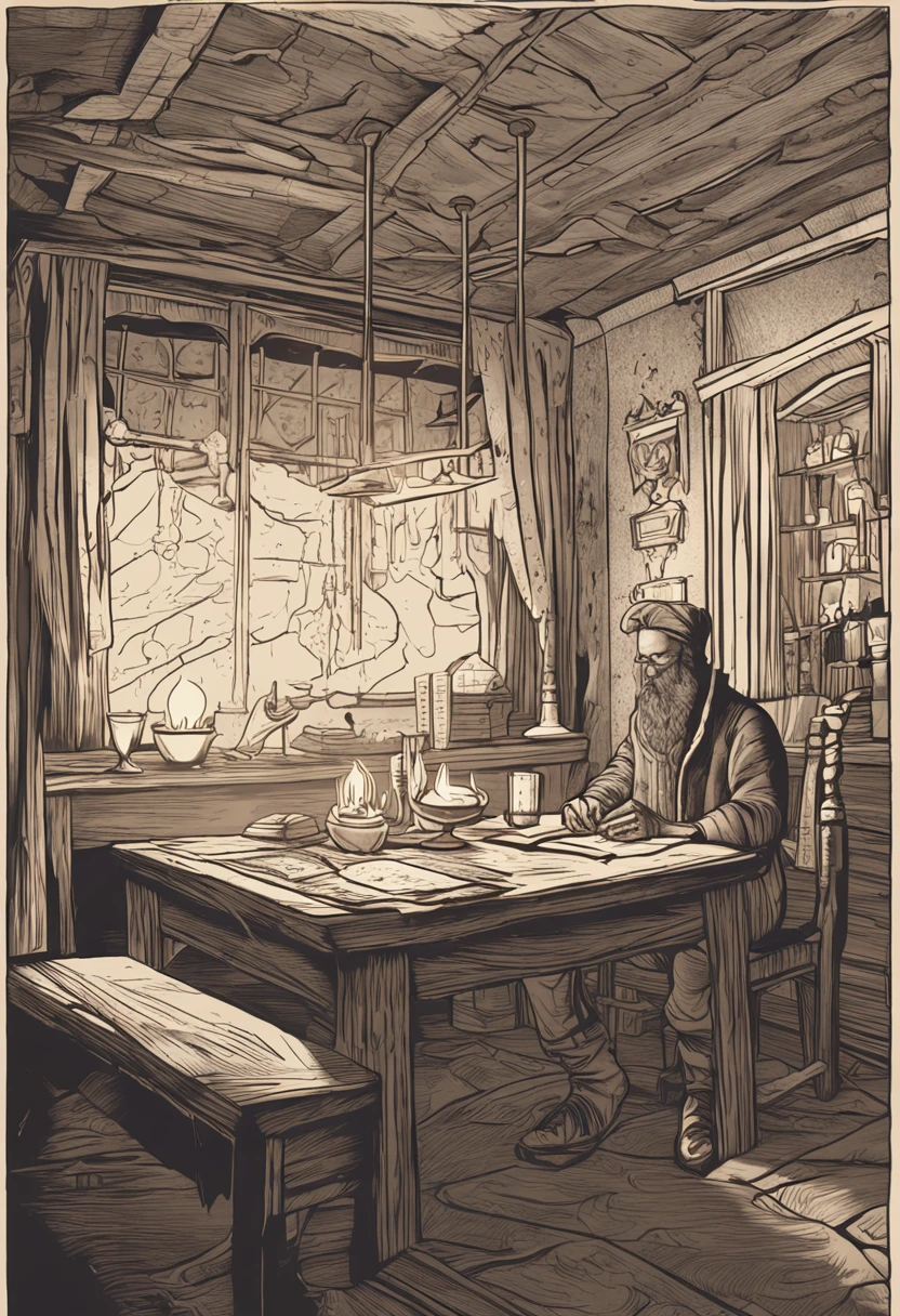 Crie uma cena aconchegante dentro do quarto de Ember, with wooden furniture and lit candles. Ember and Lumina are hunched over a table, estudando um mapa das estrelas. The map is open, and Ember is pointing to a specific constellation. A luz suave das velas ilumina a cena. 8k