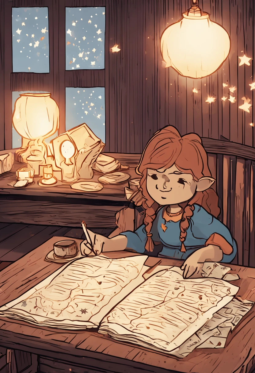 Crie uma cena aconchegante dentro do quarto de Ember, with wooden furniture and lit candles. Ember and Lumina are hunched over a table, estudando um mapa das estrelas. The map is open, and Ember is pointing to a specific constellation. A luz suave das velas ilumina a cena. 8k