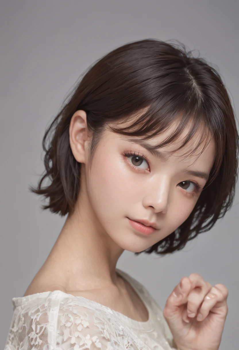 top-quality、masterpiece、超A high resolution、(Photorealsitic:1.5)、Raw foto、1girl in、tshirts、a room、cold light、Black Straight、short-hair、A slight smil、japanes、white backgrounid、sano
