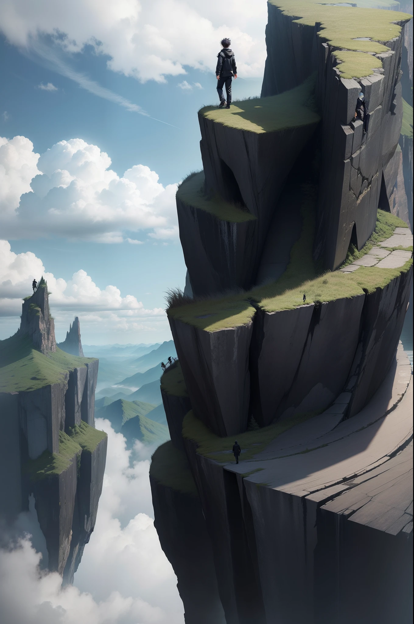 1boys,Black clothing,Walk on the edge of a cliff,storming,The Eastern Dragon is in the clouds