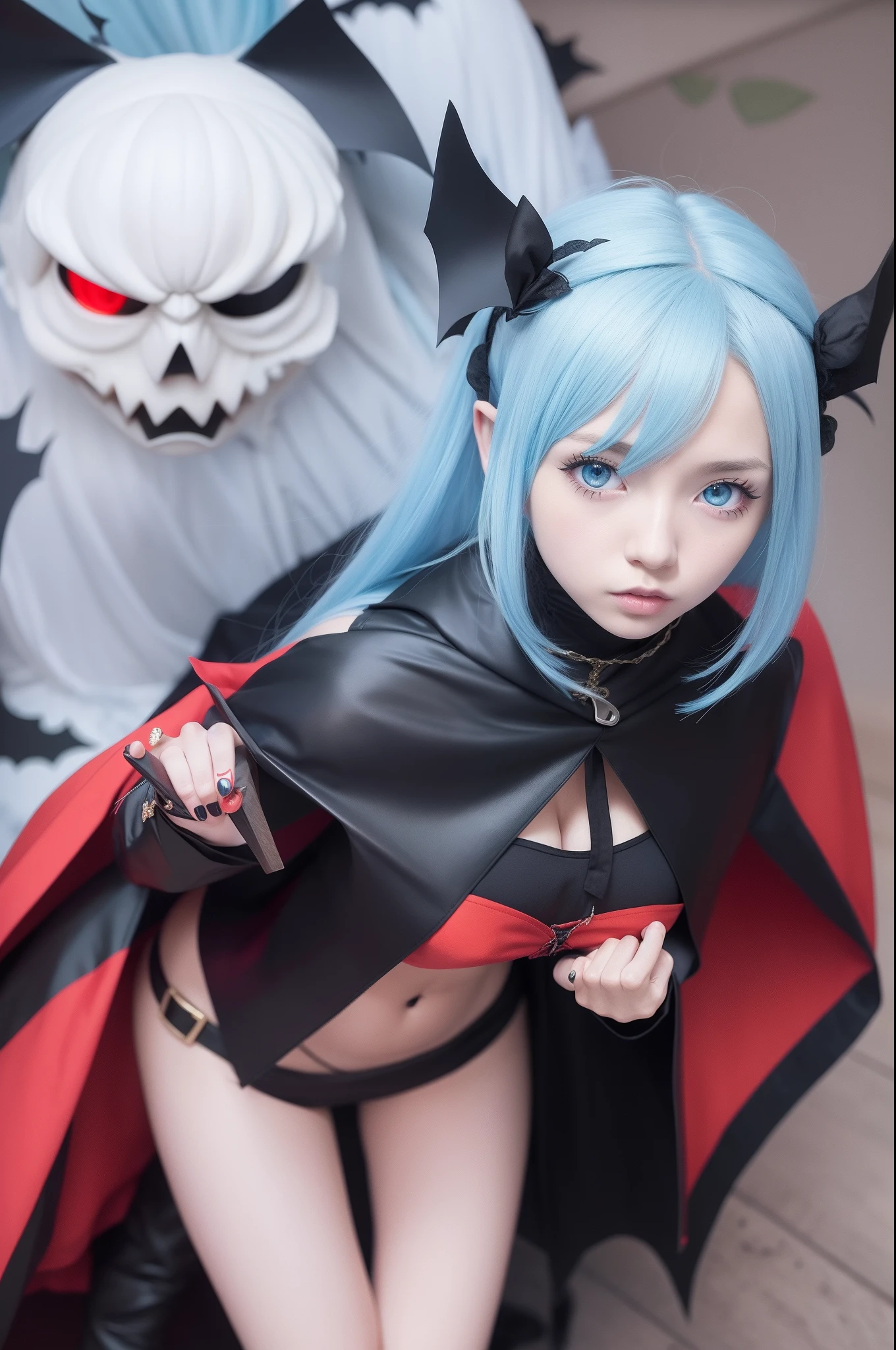 Anime characters with blue hair and blue eyes, Top Rated on pixiv, pixiv, popular on pixiv, In pixiv, Pixiv Contest Winner, pixiv daily ranking, pixiv style, pixiv 3dcg, featured on pixiv, trending in pixiv, pixiv trending, Digital art at Pixiv, Blonde woman in black and red cloak with 2D anime style bat, in a halloween style, anigirl batman, vampire girl, Halloween, けもの, halloween art style, Happy!!!, monstergirl, by Kamagurka, Vampires, Lori, trick or treat, ❤🔥🍄🌪, v from devil may cry as an elf