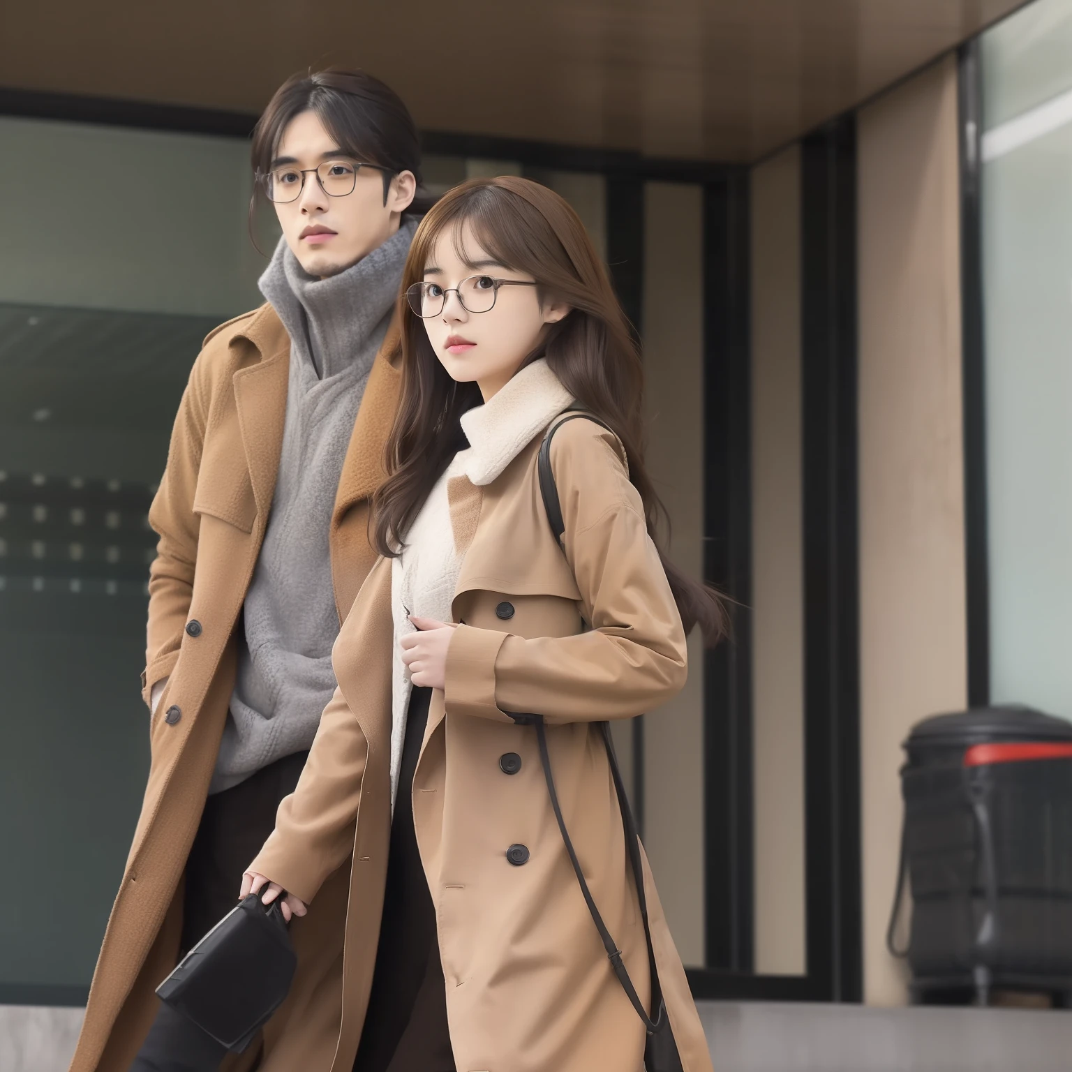 1girl, solo, anime girl in a trench coat smoking a cigarette, he is wearing a brown trenchcoat, ( ( wearing a brown long coat ) ), he is wearing a black trenchcoat, as an anime character, detective clothes, detective coat, glasses, black eyes, fair skin, anime character, kentaro miura manga art style