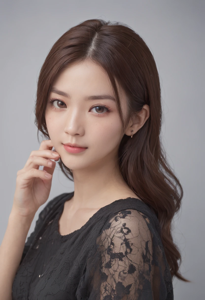 top-quality、​masterpiece、超A high resolution、(Photorealsitic:1.5)、Raw foto、1girl in、tshirts、a room、cold light、Black Straight、Long、a smile、japanes、white backgrounid、sano、