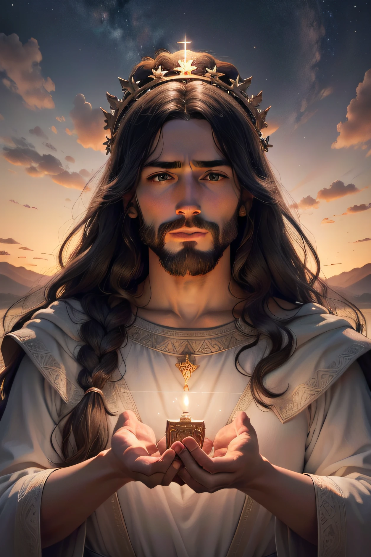 An 8k image dazzles with an ultra-realistic hyper-realistic portrait of Jesus of Nazareth, su rostro muestra leves heridas y rastros de sangre, revelando su amor infinito por el mundo, The celestial clouds in the background bring a divine dimension, y la corona de adviento que lleva puesta simboliza su amor hacia sus hijos, presentado en un formato de 16:9 y estilo visual 5, --ar 16:9 --v 5 universal compassion, sacrificio redentor, divinidad, sufrimiento humano, Spiritual Connection, fondo celestial del universo