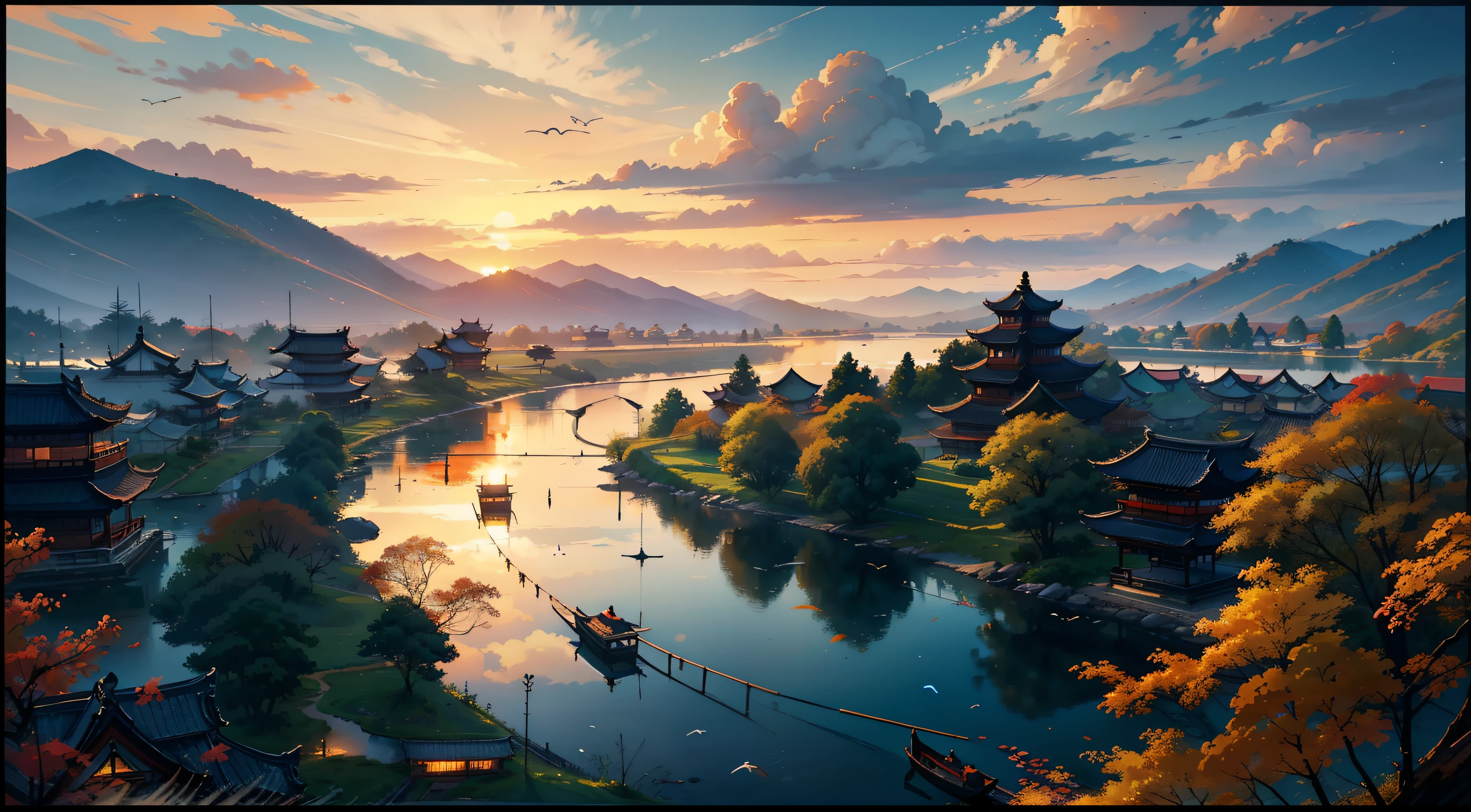 Embroidery，Leaning over，Yamabara has a clear view，Kawasawa was shocked。Lu Yan flew to the ground，Bells Food House；Shipultyazu，The home of the Green Sparrow Yellow Dragon Armour。The clouds are raining，Cai Che District Ming。The sunset and the solitary crane fly together，The autumn water is the same for a long time。Fishing boats sing late，Sounded the shore of poor Penley；The wild geese were frozen，The sound cuts off the shop of Hengyang。(Sunset landscape painting)，((The vista is a huge sunset over the skyline))，(Connected to the lake)，((Flying birds))，((Several ships))，Autumn tones，（an Chinese ink painting style），（Masterpiece），（Extremely detailed picture description），（8k wallpaper），（Master painting），（Noticeable light and shadow effects），（Ray traching），（Obvious layers），（depth of fields），（best qualityer）,Ray