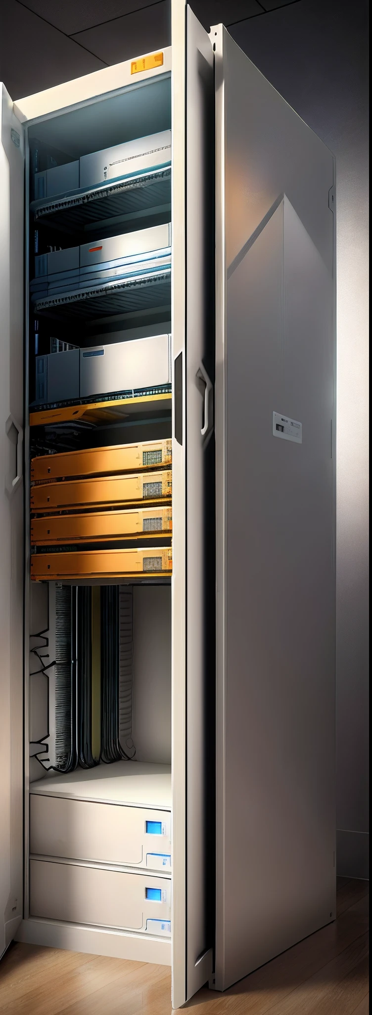 Data Center,White server cabinet,Bright and clear,4K分辨率,Modernity,Beige shell,Warm lighting,metalictexture,Cabinet wiring,47U cabinet,The enclosure that houses the server,White coated housing,Orange internal servers,Beautiful shape、Apply、Color coordination,IDC computer room server cabinet,Server LEDs,Bottom 1U server,Intermediate 2U server,Top Computer PC