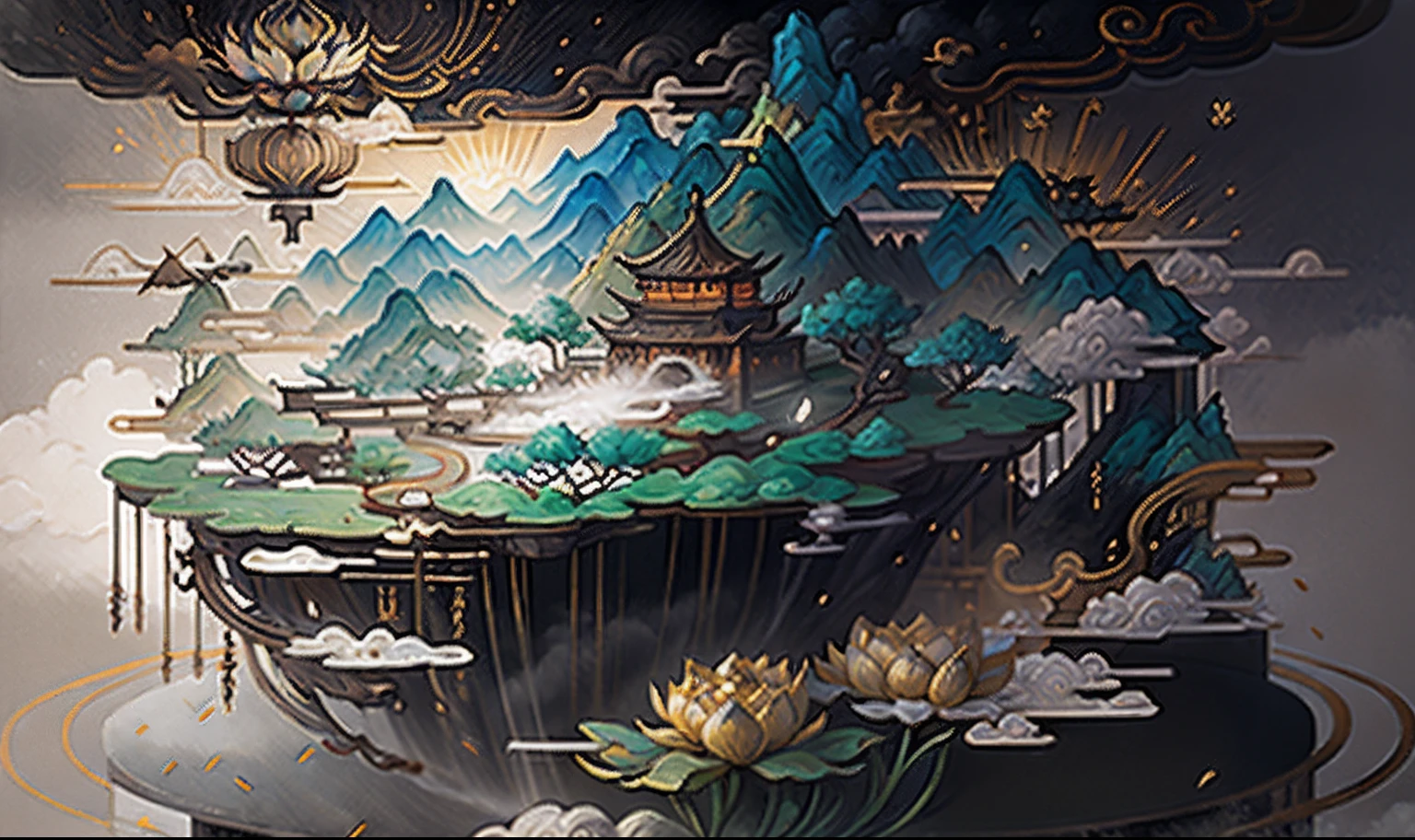 Ancient Chinese landscapes，mountain ranges，rios，Auspicious clouds，rays of sunshine，lotuses，Cloud fog，tmasterpiece，super detailing，Epic composition，hyper HD，high qulity，extremely detaile，offcial art，Unity8k wallpapers，super detailing，32k -- v 6