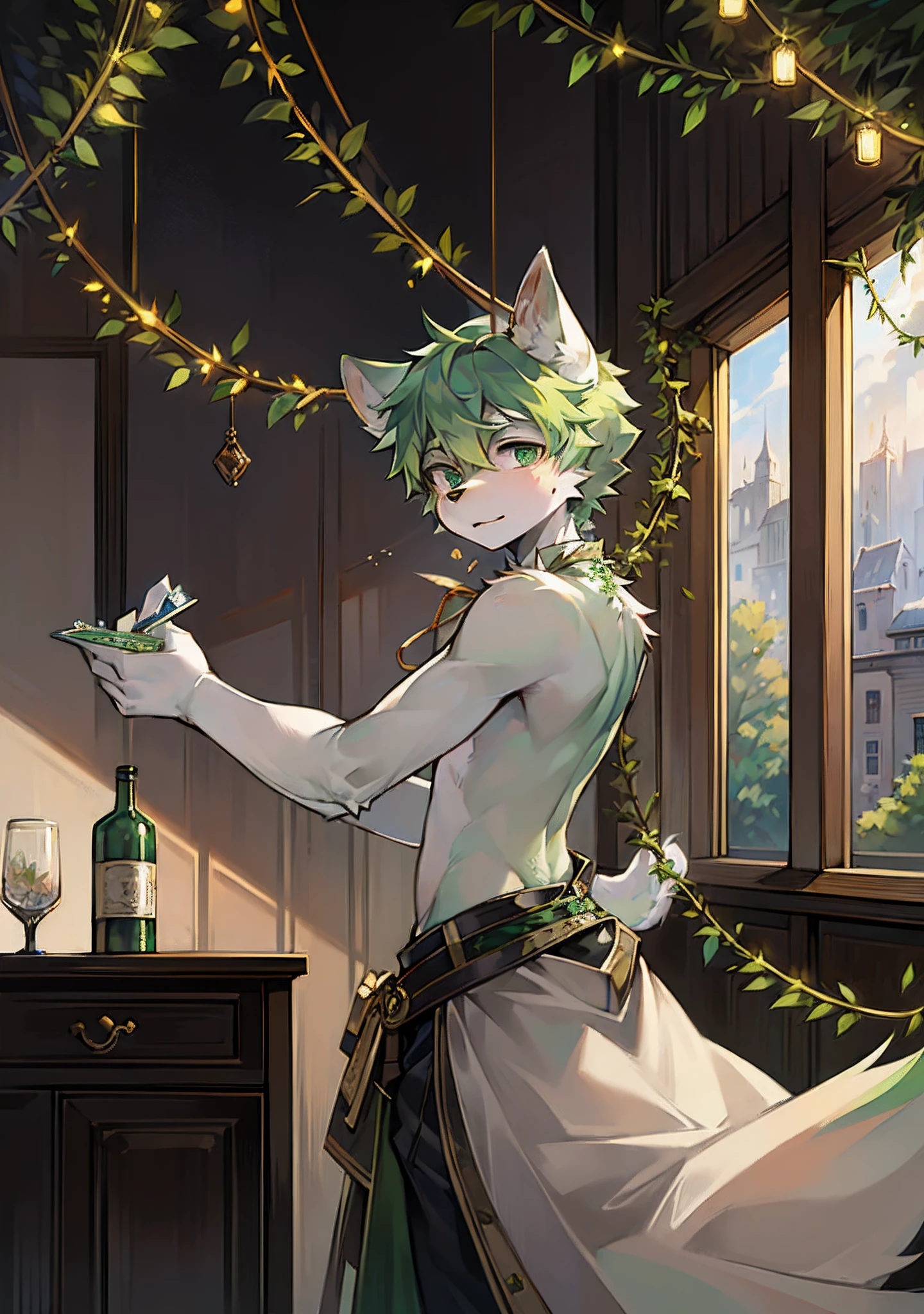 (best qualtiy，Fidelity1.4)solo person，Side-faced wolf-eared young male，Light green hair，White belly，monocle，sittinng on the desk，Hold the medicine bottle in your hand，The head is entangled with vines，Look back and shoot down，Presents a surreal illusion。