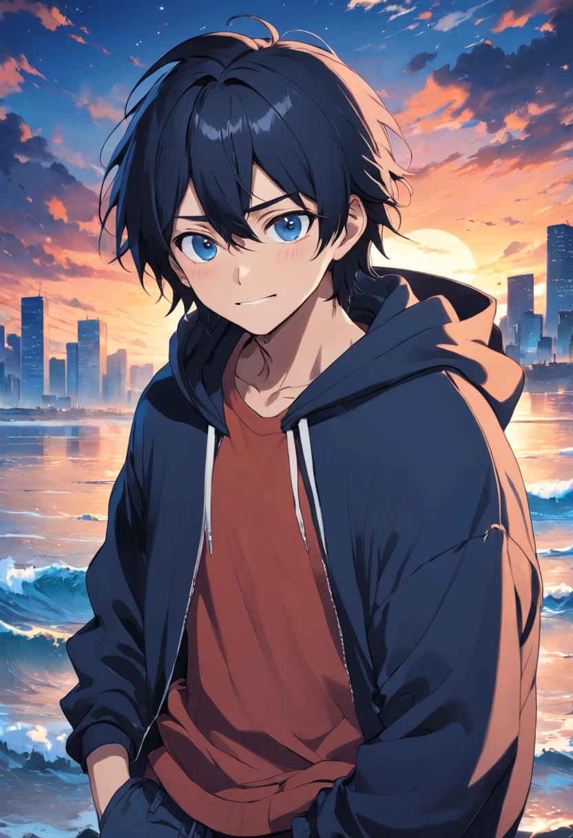 1 adult male、eyes gentle、a smile、a little long black hair、a closeup、Black hoodie、Blue jeans、sunset in the background、云、floating in sky、masterpiece、top-quality、Movie stills、Happiness