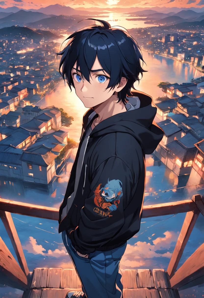 1 adult male、eyes gentle、a smile、a little long black hair、a closeup、Black hoodie、Blue jeans、sunset in the background、云、floating in sky、masterpiece、top-quality、Movie stills、Happiness