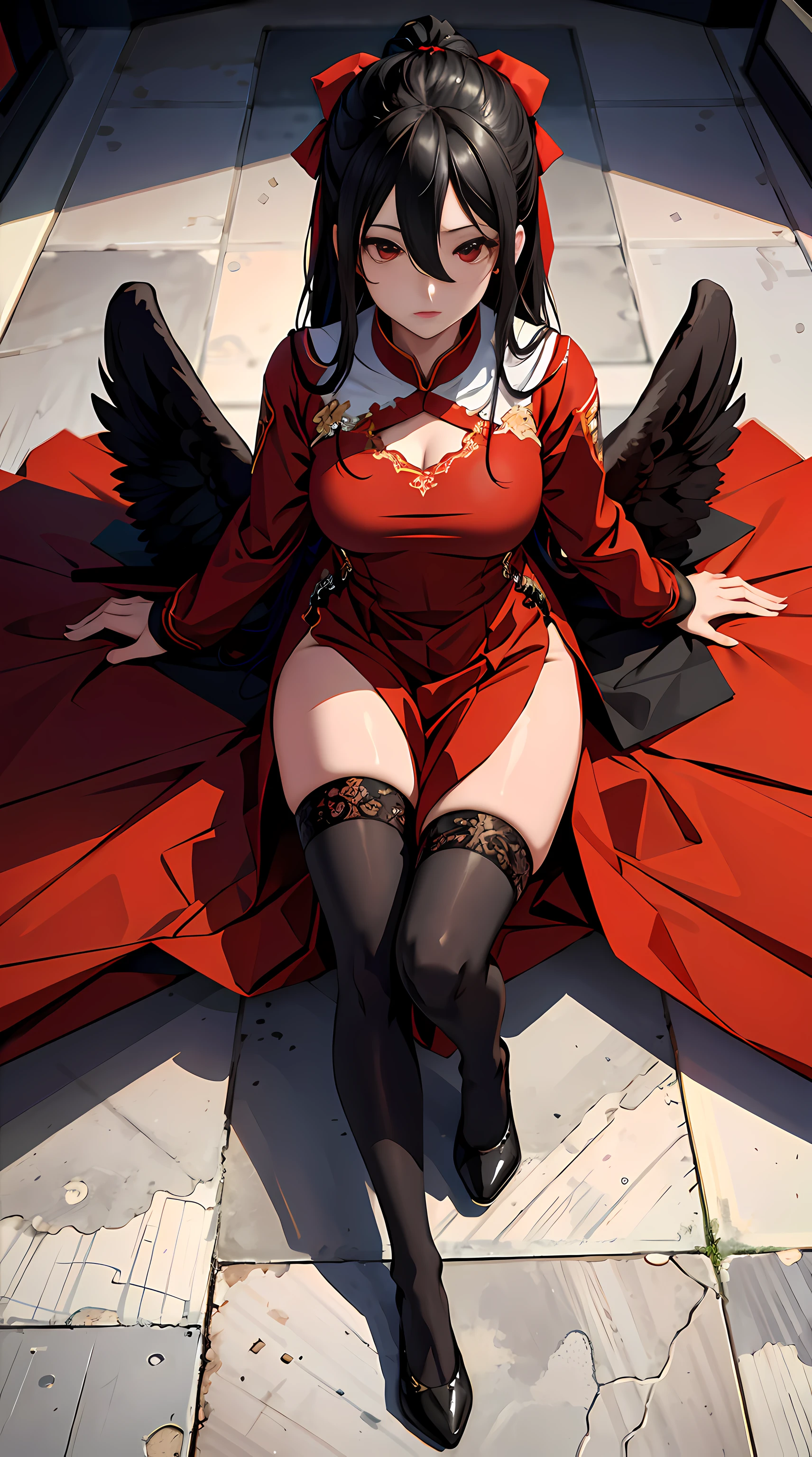 absurd res, high res, (masterpiece:1.4), ultra-detailed, 1girl, from above, space, floating, Chinese dress, red dress, stockings, black hair, red eyes, wings, hair between eyes