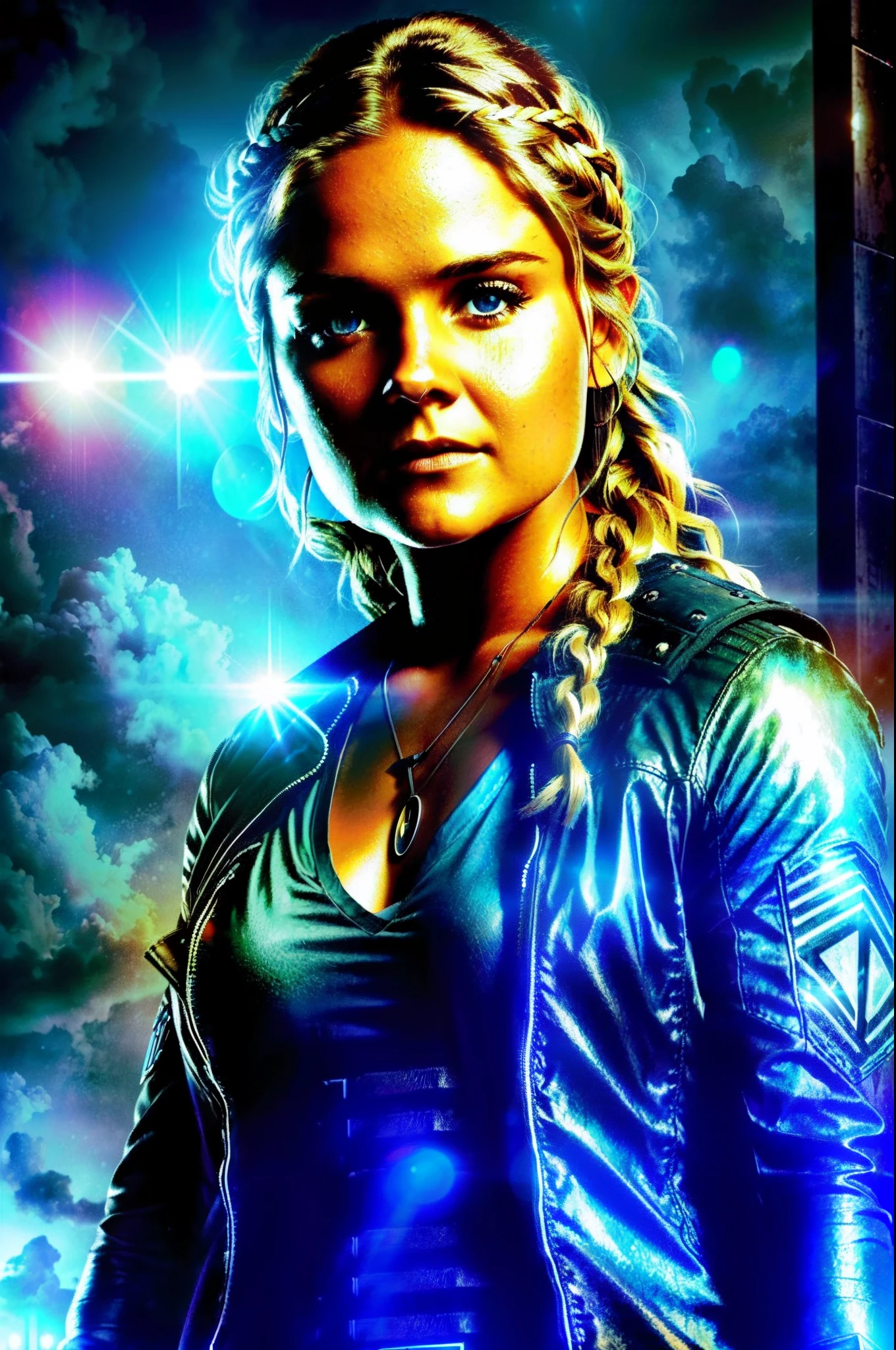 Girl child 10 years old, Russian ruivas in braids, com roupa de jaqueta de couro vermelha, fundo storm, ride into the storm, thunderbolt.